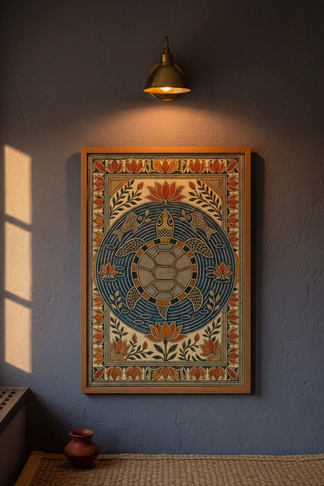 Turtle Pond Madhubani print in natural_oak A2 frame on deep-indigo terracotta limewash wall — Mithila folk art mockup