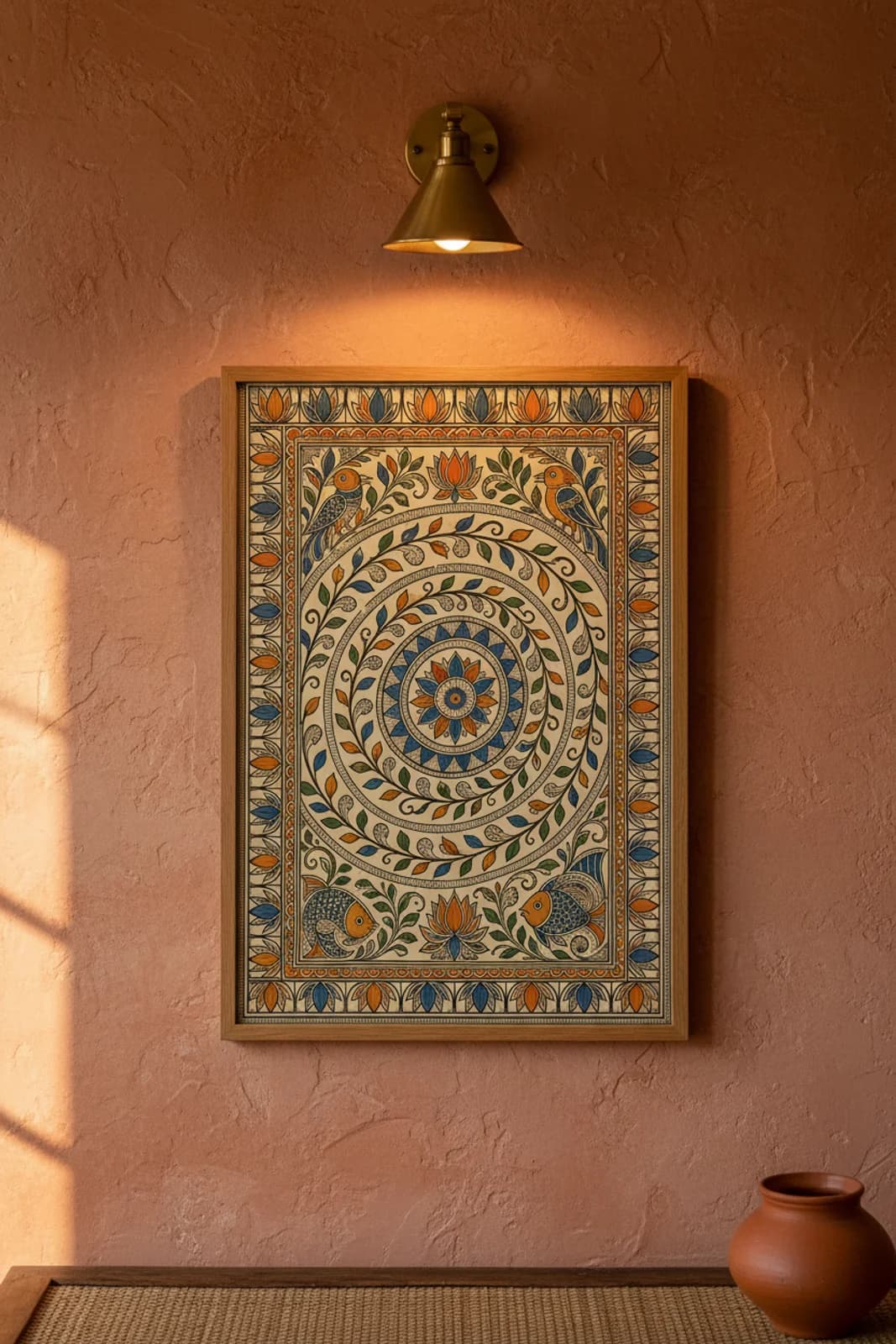 Vine Spiral Kachni Madhubani print in natural_oak A2 frame on lamp-black terracotta limewash wall — Mithila folk art mockup