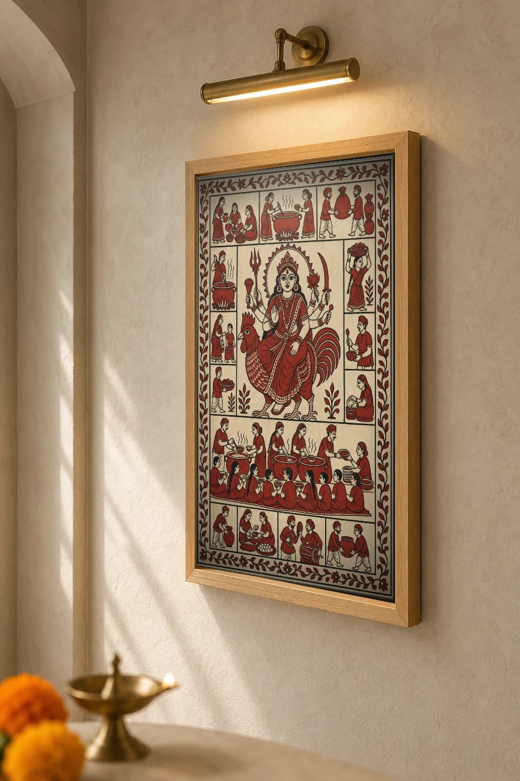 The Community Kitchen — Mata ni Pachedi-style art print · the annakshetra free meal, volunteers ladling from great pots to a seated row of diners, told in shrine-cloth grammar · madder-red, iron-black, warm cream cotton · collector edition — the framed print shown at a three-quarter angle on a styled gallery wall in a natural-oak frame