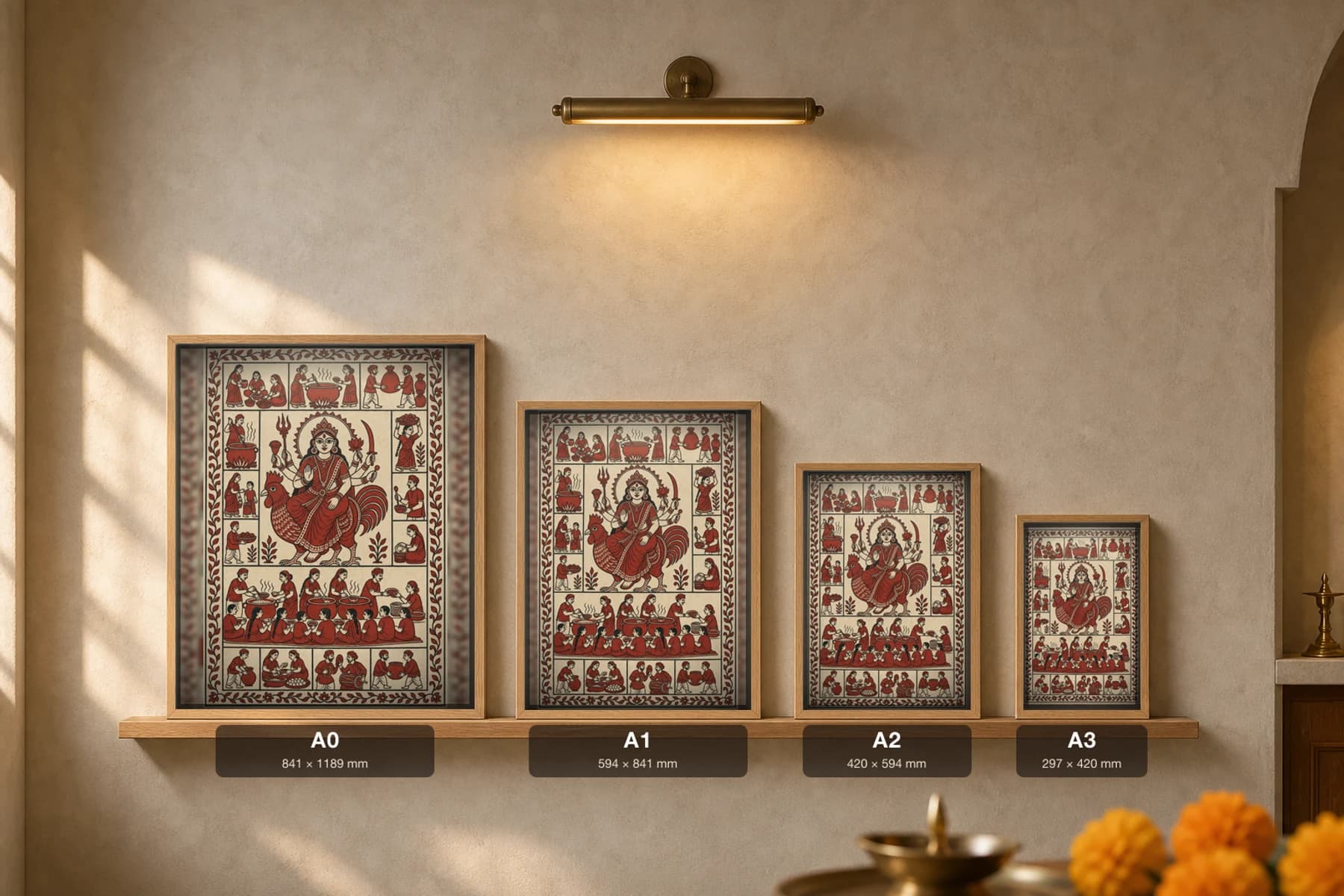 The Community Kitchen — Mata ni Pachedi-style art print · the annakshetra free meal, volunteers ladling from great pots to a seated row of diners, told in shrine-cloth grammar · madder-red, iron-black, warm cream cotton · collector edition — print size guide showing the artwork at A0, A1, A2 and A3 in natural-oak frames at true relative scale