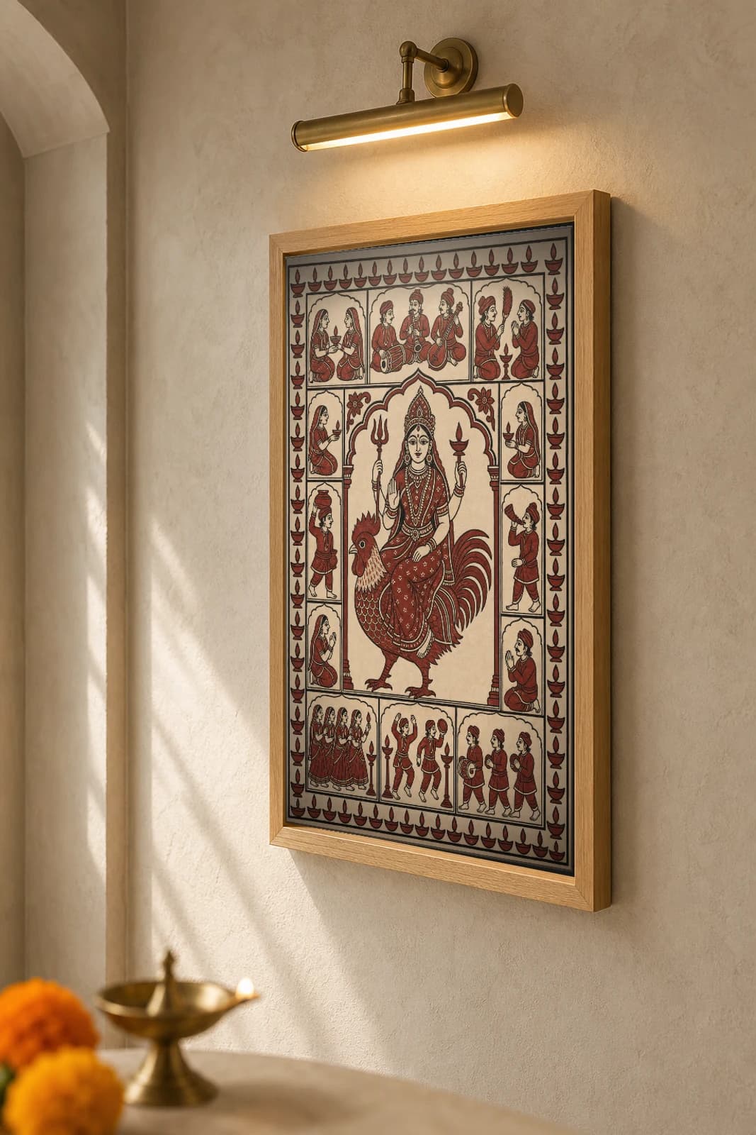Bahuchara Mata on the Cockerel — Mata ni Pachedi shrine-cloth art print · the patron goddess of the Vaghri astride her striding cock under a temple arch · madder-red, iron-black, cream cotton · collector edition — the framed print shown at a three-quarter angle on a styled gallery wall in a natural-oak frame