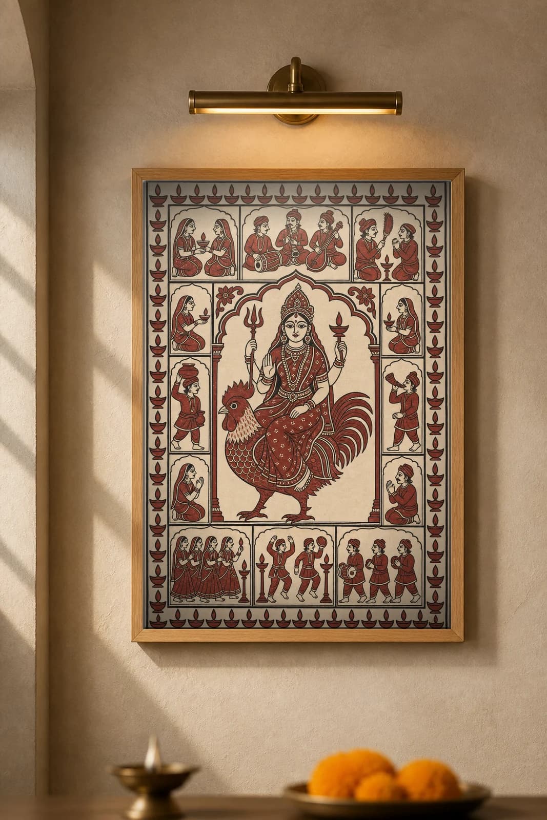 Bahuchara Mata on the Cockerel — framed museum print, Mata Ni Pachedi
