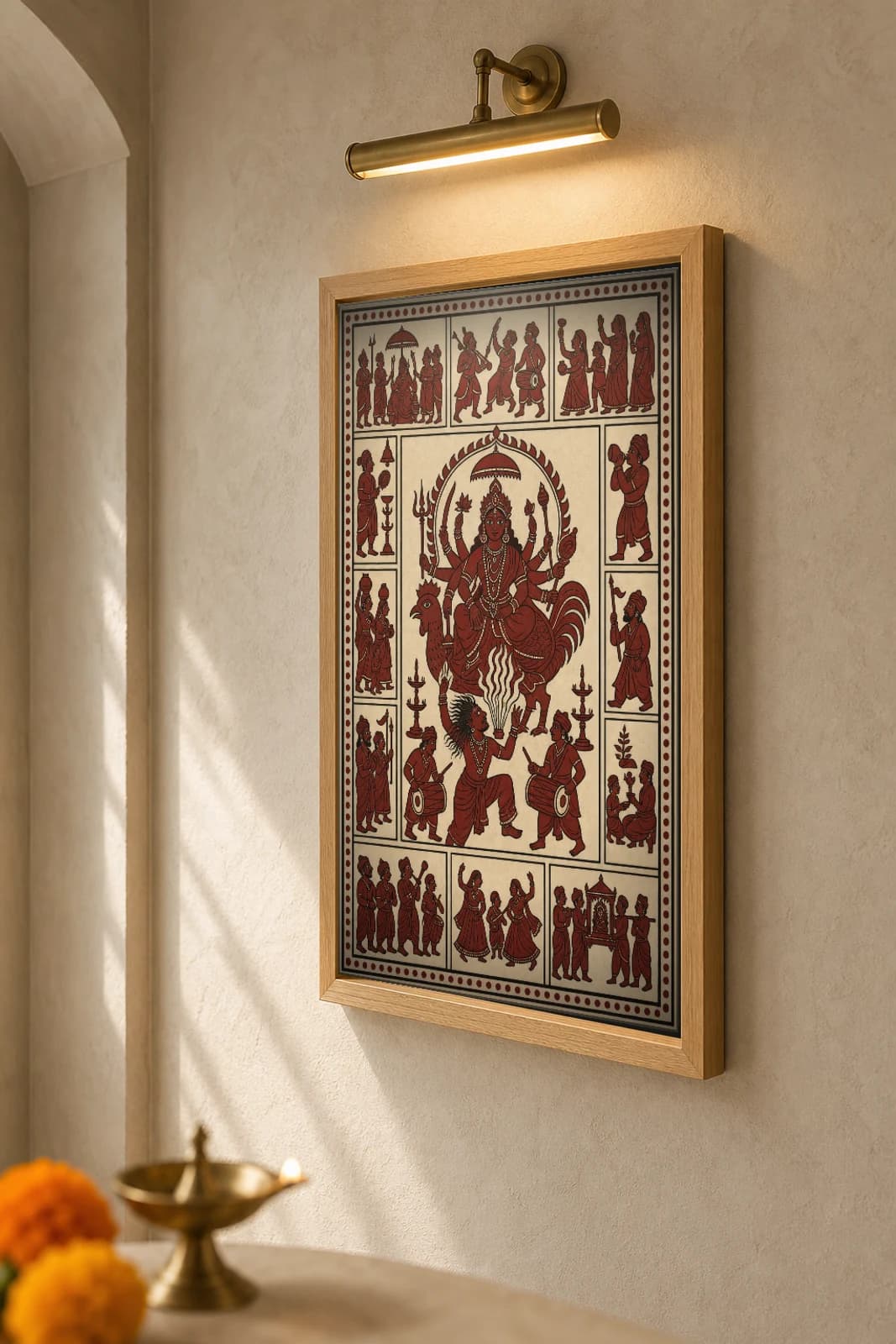 The Bhuvo in Trance — Mata ni Pachedi shrine-cloth art print · the oracle-priest dancing before the enthroned goddess, dhuno smoking, drummers flanking · madder-red, iron-black, cream cotton · collector edition — the framed print shown at a three-quarter angle on a styled gallery wall in a natural-oak frame