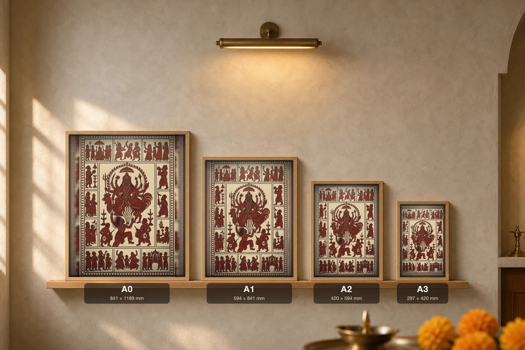 The Bhuvo in Trance — Mata ni Pachedi shrine-cloth art print · the oracle-priest dancing before the enthroned goddess, dhuno smoking, drummers flanking · madder-red, iron-black, cream cotton · collector edition — print size guide showing the artwork at A0, A1, A2 and A3 in natural-oak frames at true relative scale