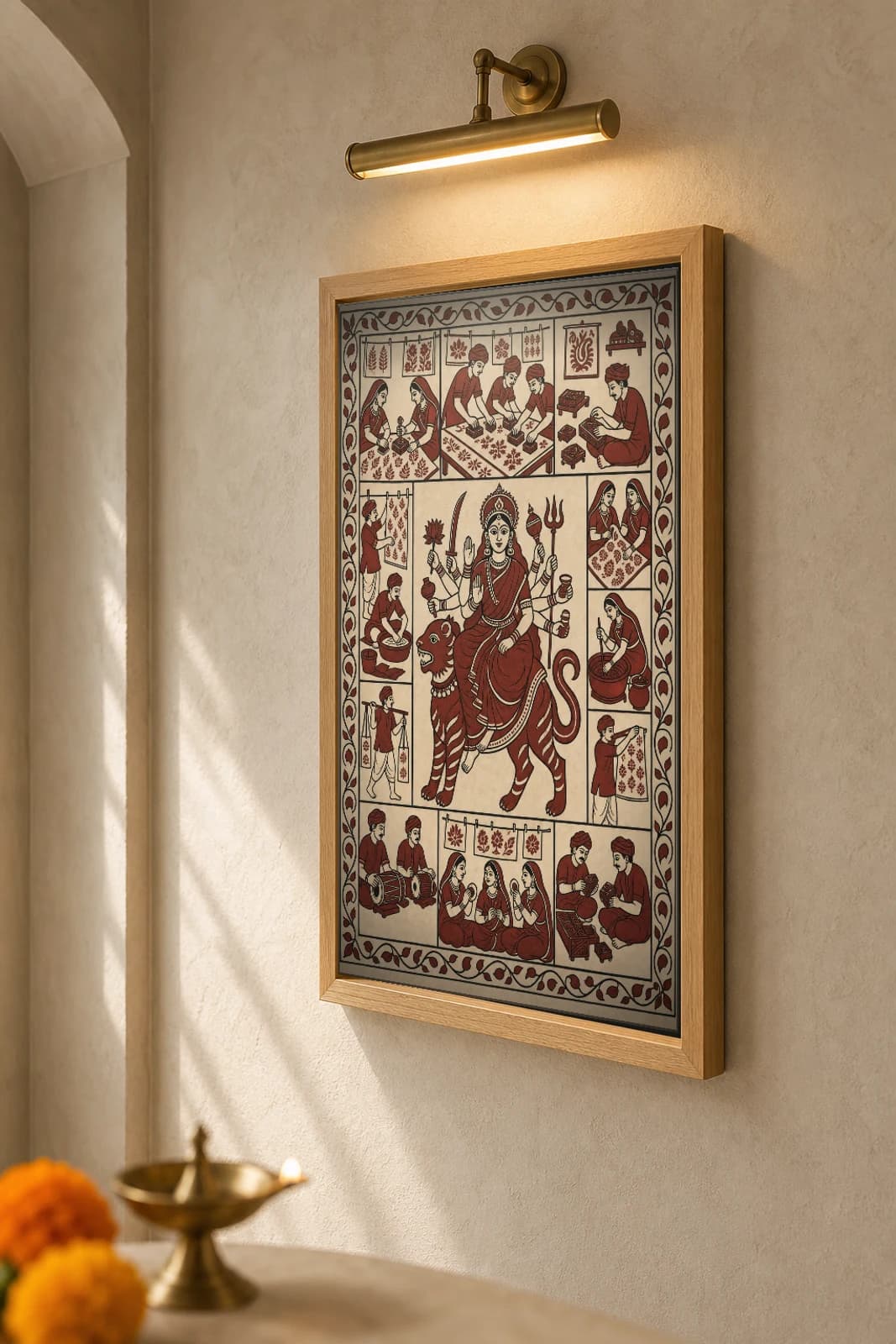 The Block Printers — Mata ni Pachedi-style art print · the hand block-printing workshop that makes the cloth itself, the goddess presiding among the artisans · madder-red, iron-black, warm cream cotton · collector edition — the framed print shown at a three-quarter angle on a styled gallery wall in a natural-oak frame