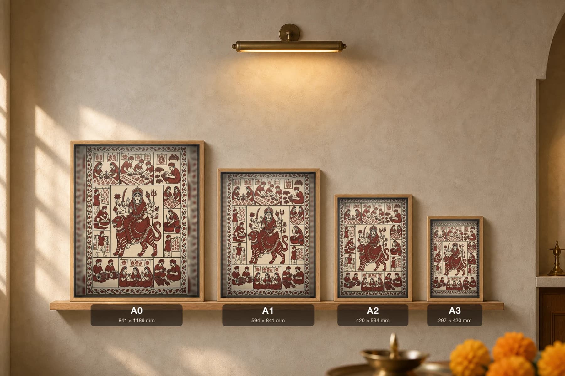 The Block Printers — Mata ni Pachedi-style art print · the hand block-printing workshop that makes the cloth itself, the goddess presiding among the artisans · madder-red, iron-black, warm cream cotton · collector edition — print size guide showing the artwork at A0, A1, A2 and A3 in natural-oak frames at true relative scale
