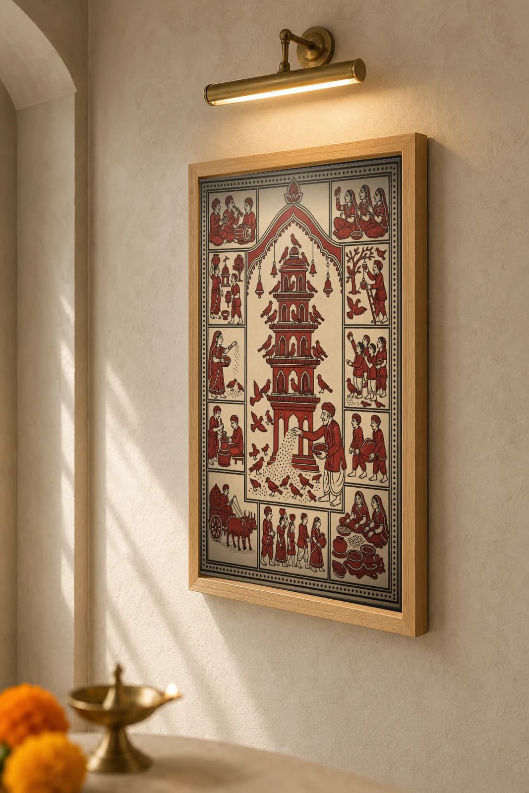 The Chabutaro — Mata ni Pachedi-style art print · the tall communal bird-feeding tower thronged with sparrows, an old man scattering grain below · madder-red, iron-black, warm ecru cotton · collector edition — the framed print shown at a three-quarter angle on a styled gallery wall in a natural-oak frame