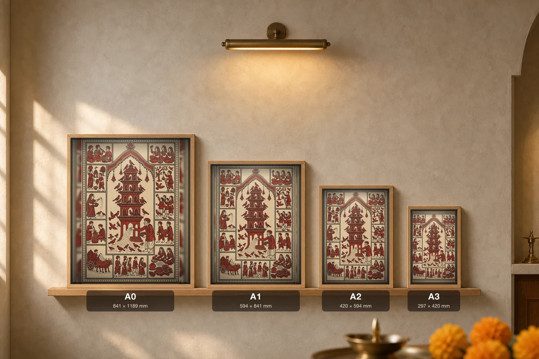 The Chabutaro — Mata ni Pachedi-style art print · the tall communal bird-feeding tower thronged with sparrows, an old man scattering grain below · madder-red, iron-black, warm ecru cotton · collector edition — print size guide showing the artwork at A0, A1, A2 and A3 in natural-oak frames at true relative scale