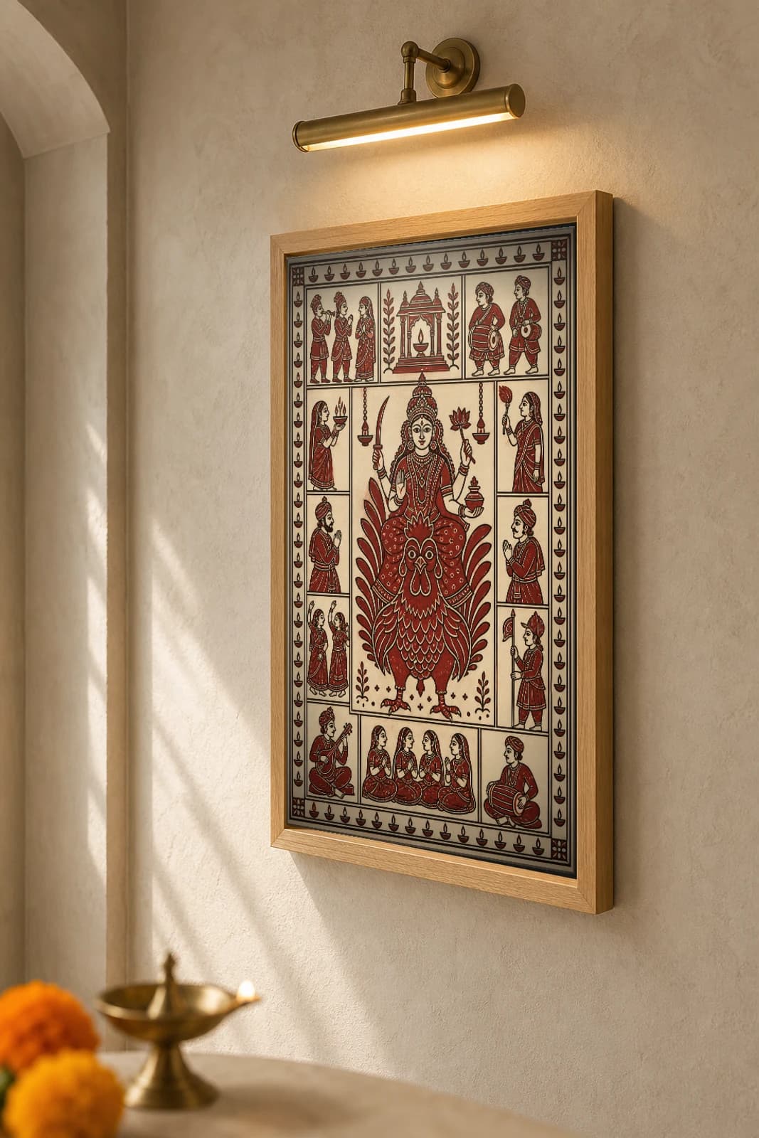 The Cockerel — Bahuchara Mata's Vahana · a Mata ni Pachedi shrine-cloth study of the sacred cock, comb high and tail fanned, the goddess seated above · madder-red, iron-black, cream cotton · collector edition — the framed print shown at a three-quarter angle on a styled gallery wall in a natural-oak frame