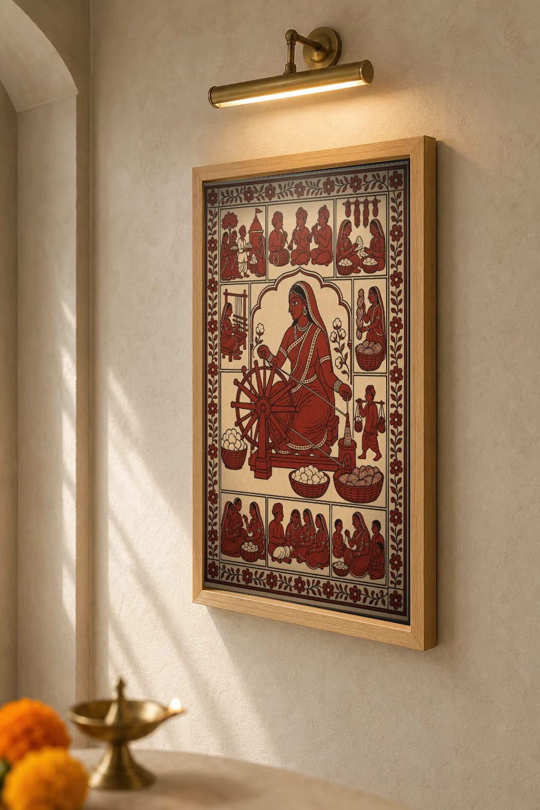 The Charkha — Mata ni Pachedi-style art print · a spinner drawing thread on the great wheel, baskets of cotton and hanks around her — the thread that becomes the shrine-cloth itself · madder-red, iron-black, warm ecru cotton · collector edition — the framed print shown at a three-quarter angle on a styled gallery wall in a natural-oak frame