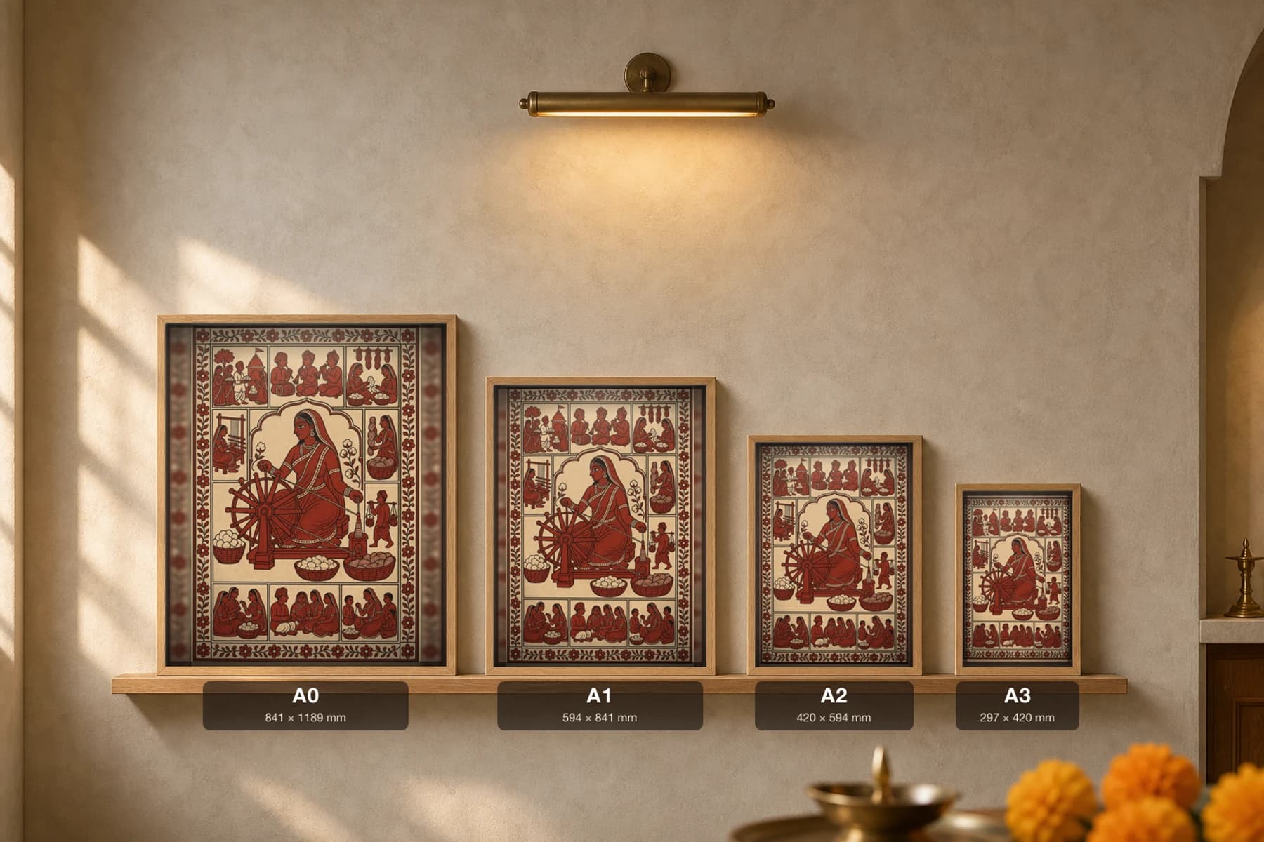 The Charkha — Mata ni Pachedi-style art print · a spinner drawing thread on the great wheel, baskets of cotton and hanks around her — the thread that becomes the shrine-cloth itself · madder-red, iron-black, warm ecru cotton · collector edition — print size guide showing the artwork at A0, A1, A2 and A3 in natural-oak frames at true relative scale