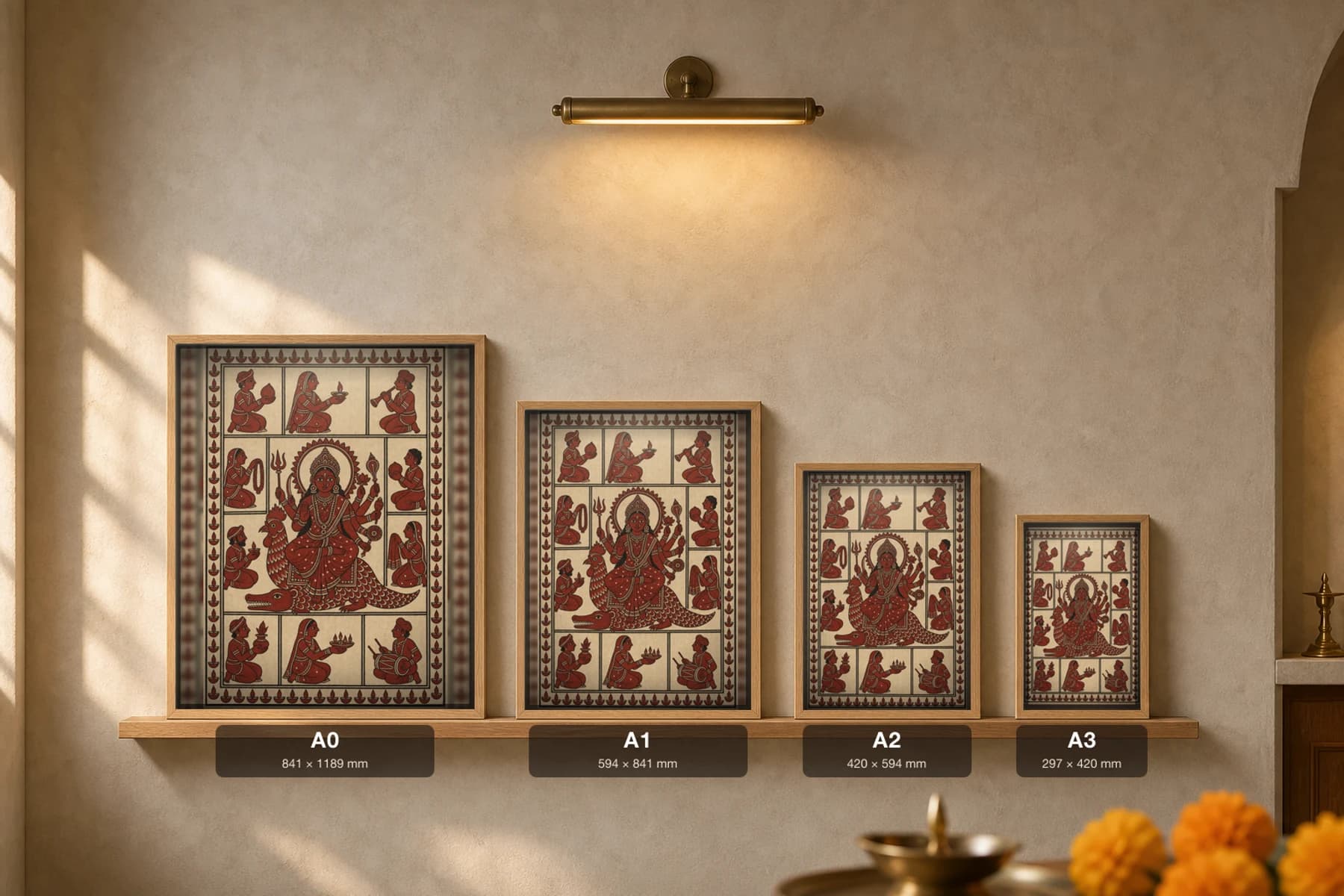 Devotee Offerings — Mata ni Pachedi shrine-cloth art print · the enthroned goddess ringed by panels of kneeling worshippers bearing coconut, lamp and garland · madder-red, iron-black, warm cream cotton · collector edition — print size guide showing the artwork at A0, A1, A2 and A3 in natural-oak frames at true relative scale