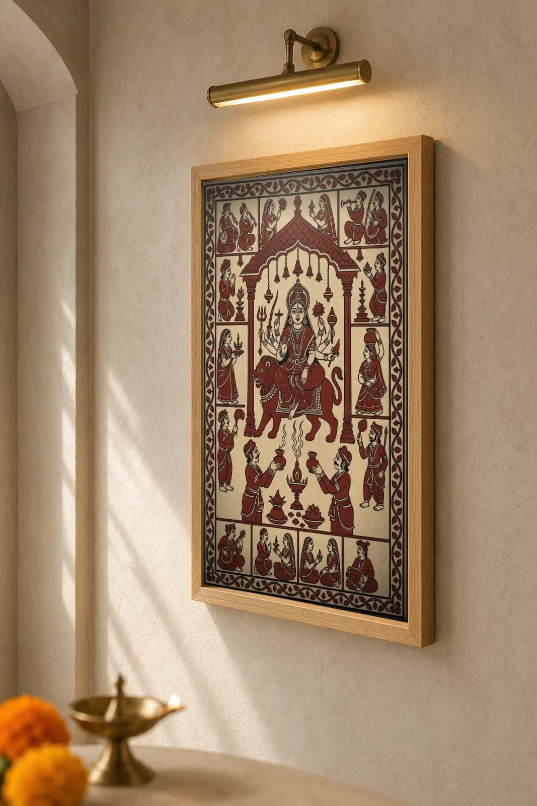 The Dhuno Offering — Mata ni Pachedi shrine-cloth art print · two kneeling devotees raising smoking dhuno pots before the goddess beneath her temple canopy · madder-red, iron-black, cream cotton · collector edition — the framed print shown at a three-quarter angle on a styled gallery wall in a natural-oak frame