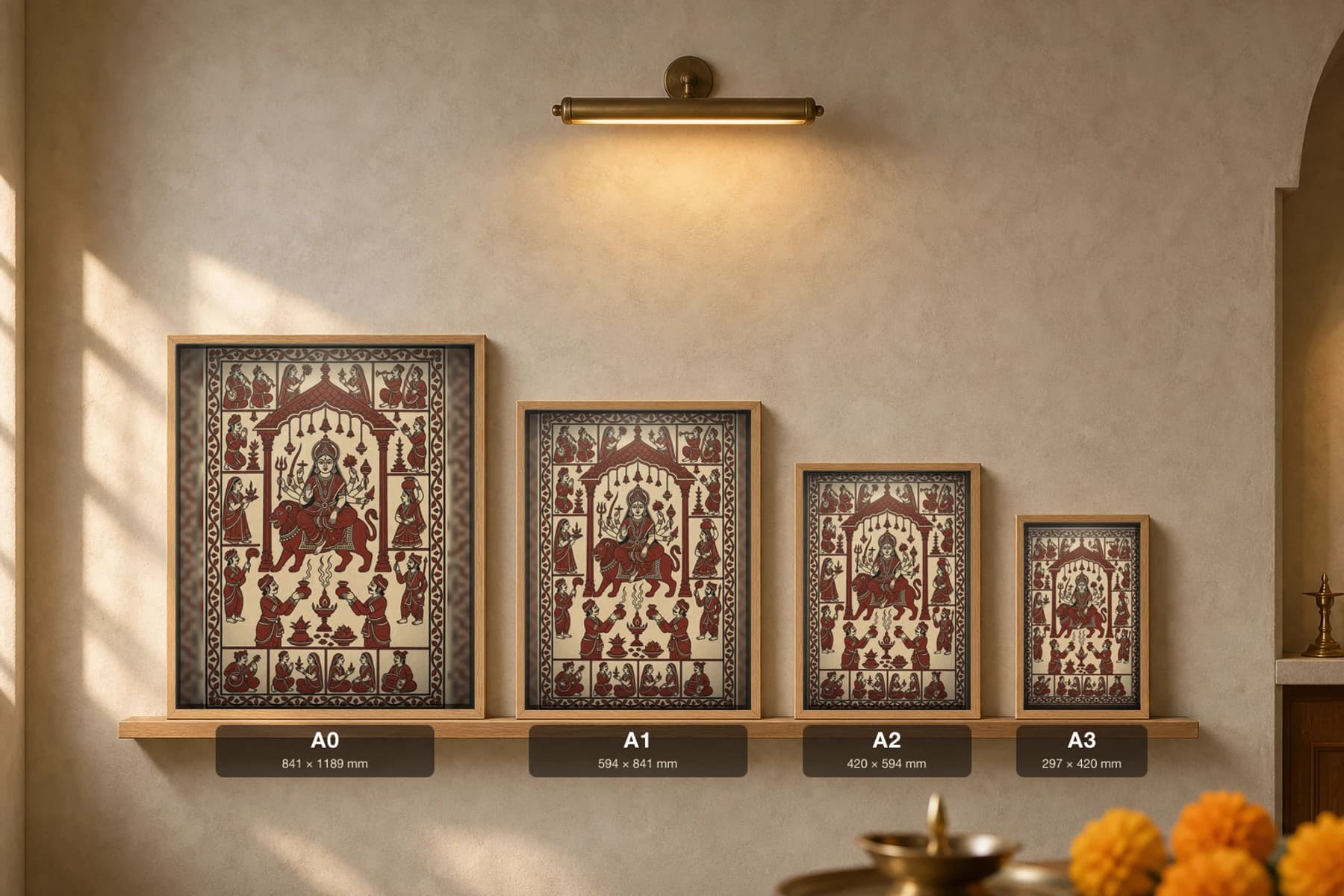 The Dhuno Offering — Mata ni Pachedi shrine-cloth art print · two kneeling devotees raising smoking dhuno pots before the goddess beneath her temple canopy · madder-red, iron-black, cream cotton · collector edition — print size guide showing the artwork at A0, A1, A2 and A3 in natural-oak frames at true relative scale