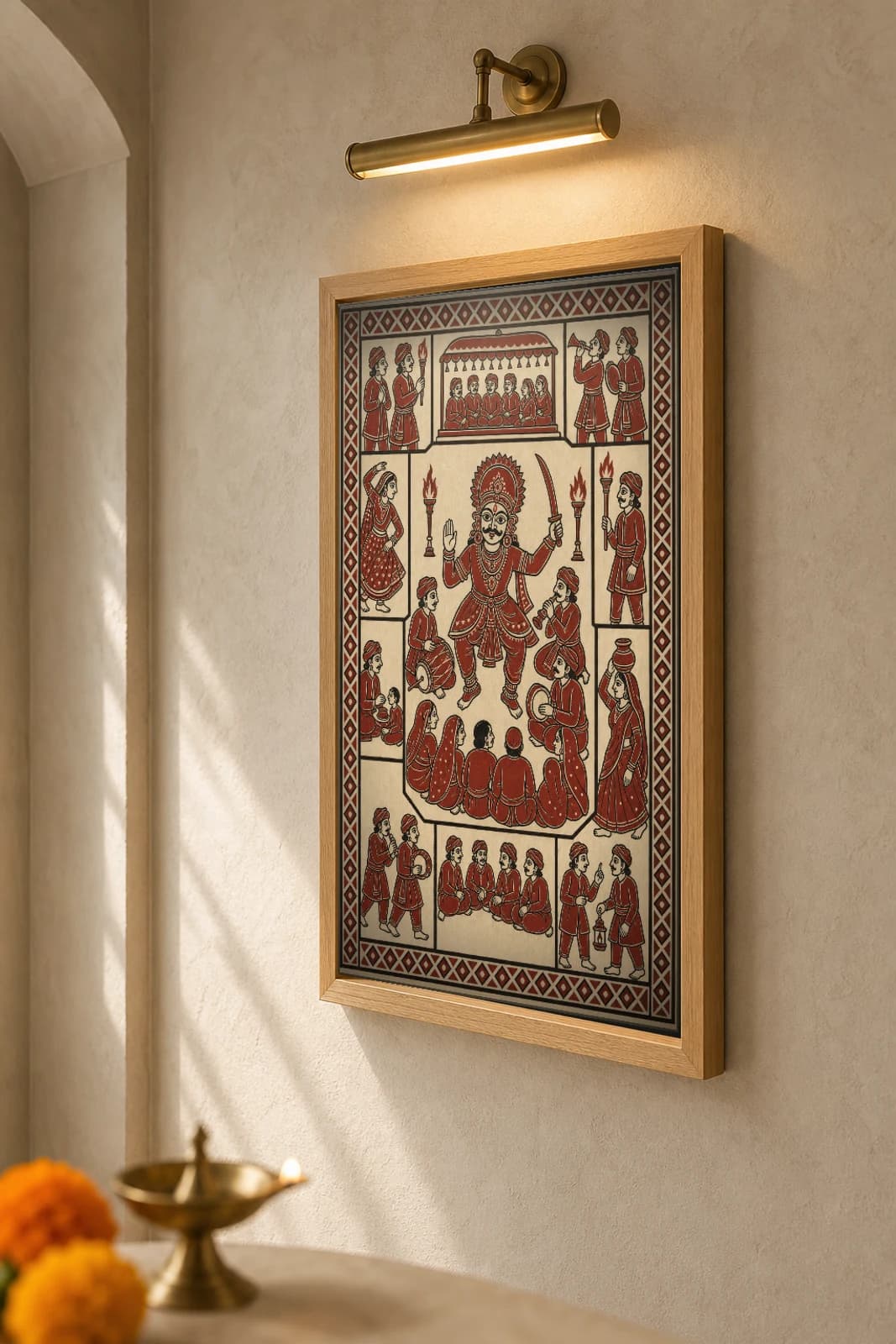 Bhavai Theatre — Mata ni Pachedi-style art print · the all-night folk play, a masked performer mid-act on the torch-lit ground, drummers and audience ringed around · madder-red, iron-black, warm cream cotton · collector edition — the framed print shown at a three-quarter angle on a styled gallery wall in a natural-oak frame