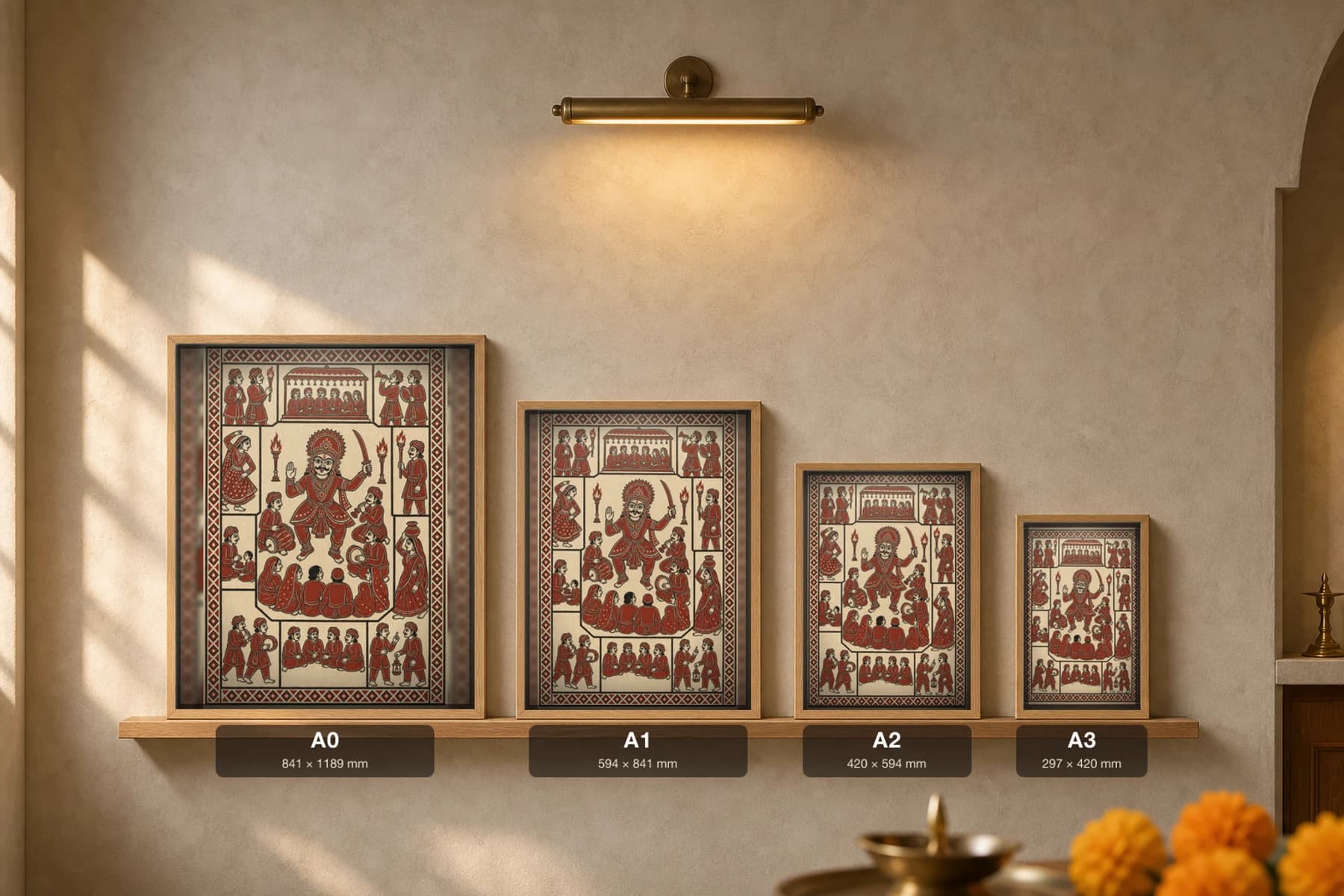 Bhavai Theatre — Mata ni Pachedi-style art print · the all-night folk play, a masked performer mid-act on the torch-lit ground, drummers and audience ringed around · madder-red, iron-black, warm cream cotton · collector edition — print size guide showing the artwork at A0, A1, A2 and A3 in natural-oak frames at true relative scale