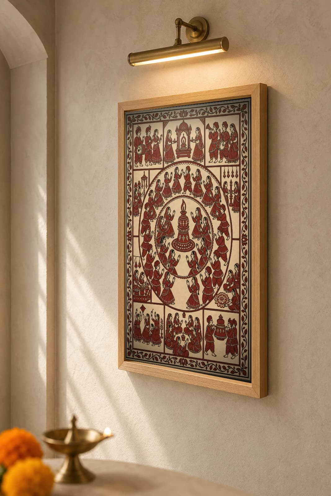 The Garba Circle — Mata ni Pachedi-style art print · the nine-night dance circling the lit garbo lamp, told in shrine-cloth grammar · madder-red, iron-black, warm ecru cotton · collector edition — the framed print shown at a three-quarter angle on a styled gallery wall in a natural-oak frame