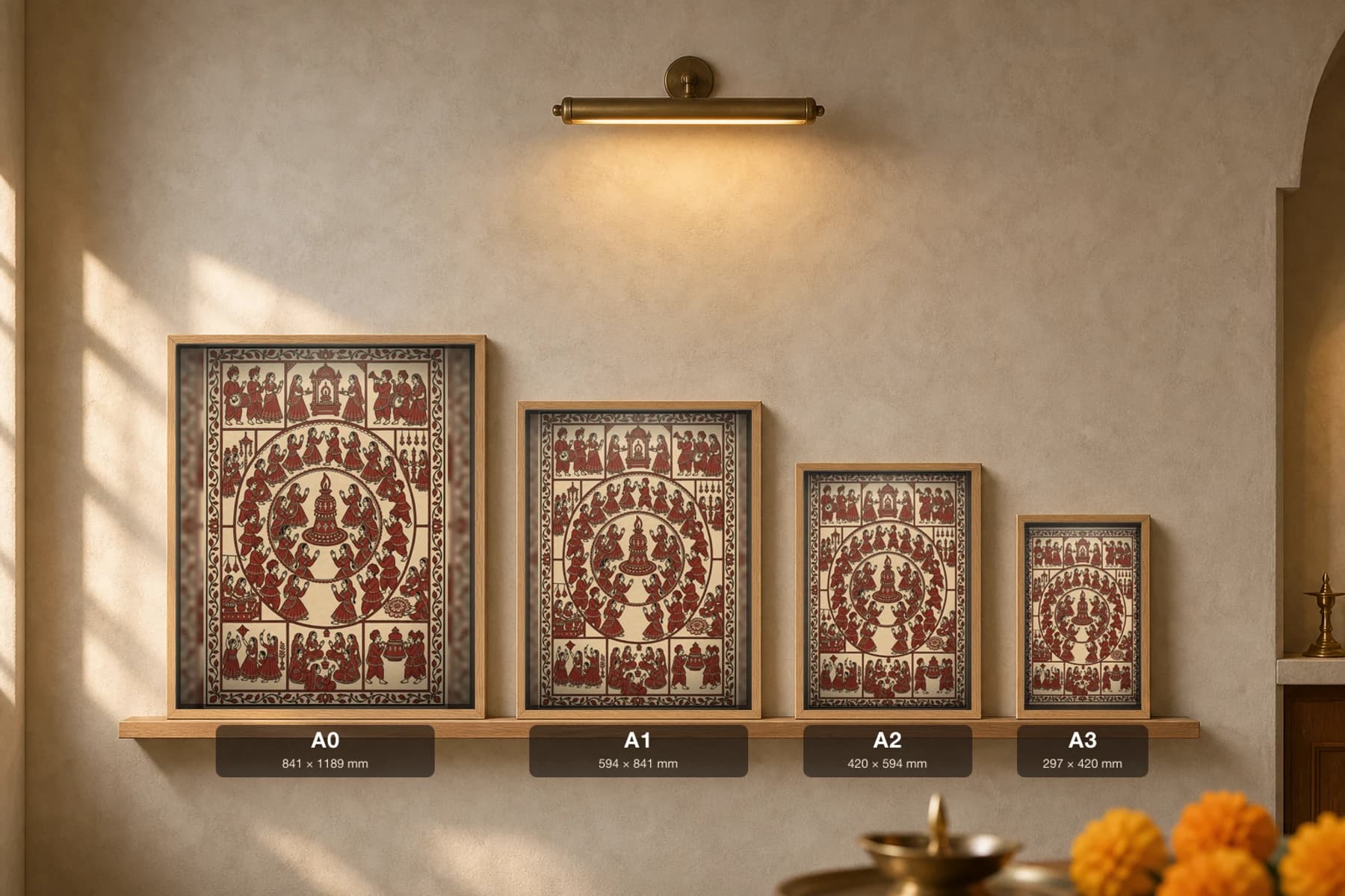 The Garba Circle — Mata ni Pachedi-style art print · the nine-night dance circling the lit garbo lamp, told in shrine-cloth grammar · madder-red, iron-black, warm ecru cotton · collector edition — print size guide showing the artwork at A0, A1, A2 and A3 in natural-oak frames at true relative scale