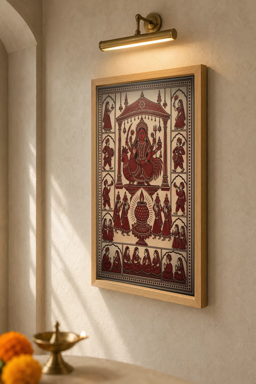 The Garbo Lamp — Mata ni Pachedi shrine-cloth art print · the perforated earthen lamp-pot of Navaratri raised and haloed in rays, women bearing pots around it · madder-red, iron-black, warm ecru cotton · collector edition — the framed print shown at a three-quarter angle on a styled gallery wall in a natural-oak frame
