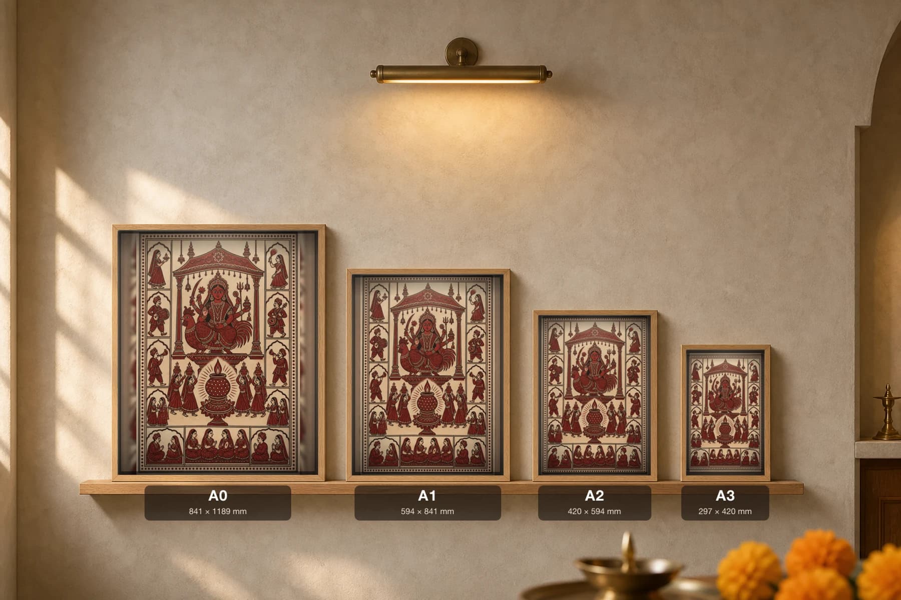 The Garbo Lamp — Mata ni Pachedi shrine-cloth art print · the perforated earthen lamp-pot of Navaratri raised and haloed in rays, women bearing pots around it · madder-red, iron-black, warm ecru cotton · collector edition — print size guide showing the artwork at A0, A1, A2 and A3 in natural-oak frames at true relative scale