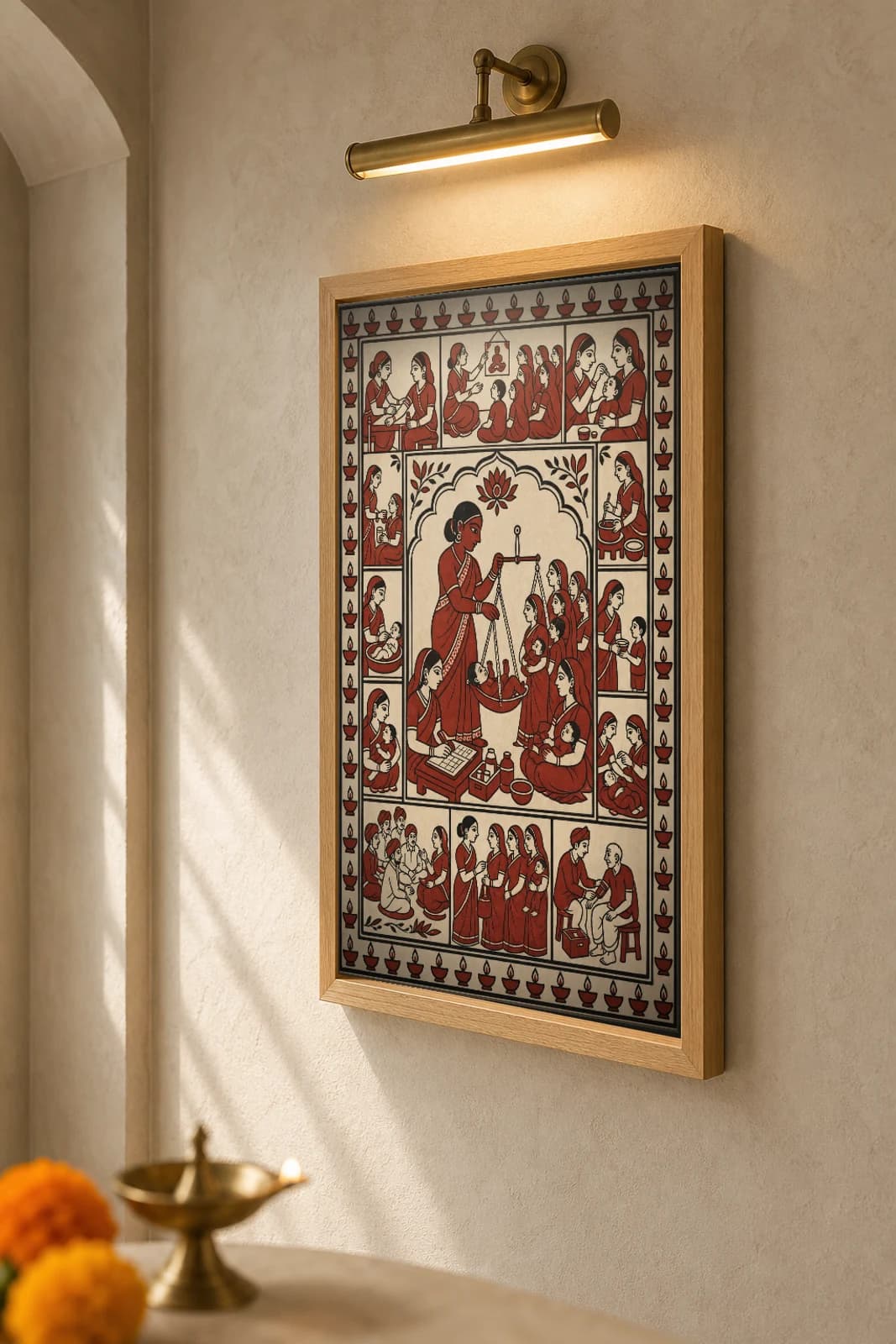 The Health Camp — Mata ni Pachedi-style art print · the village mother-and-child camp, a worker weighing an infant on a hanging scale, mothers waiting in line · madder-red, iron-black, warm cream cotton · collector edition — the framed print shown at a three-quarter angle on a styled gallery wall in a natural-oak frame