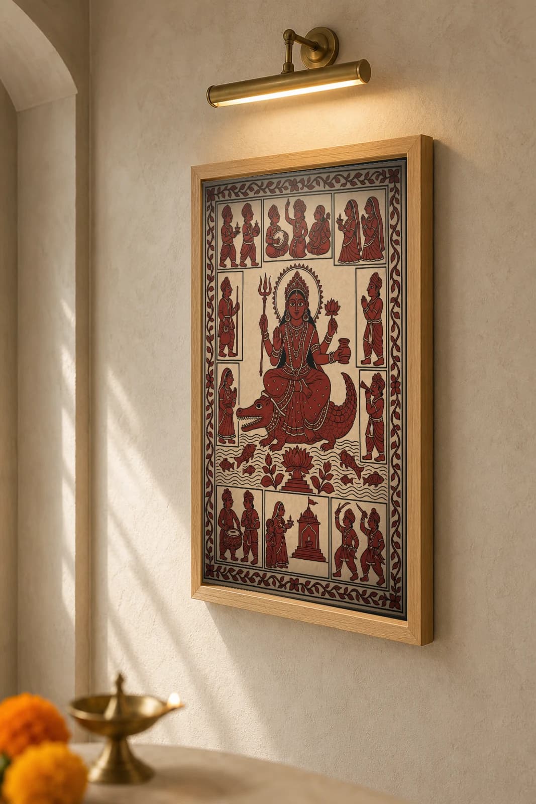 Khodiyar Mata on the Crocodile — Mata ni Pachedi shrine-cloth art print · the Saurashtra mother astride her crocodile over the well-water · madder-red, iron-black, pale-madder cream cotton · collector edition — the framed print shown at a three-quarter angle on a styled gallery wall in a natural-oak frame