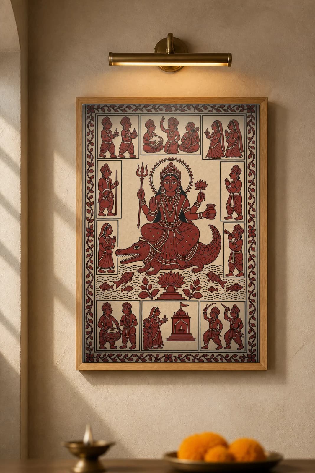 Khodiyar Mata on the Crocodile — framed museum print, Mata Ni Pachedi