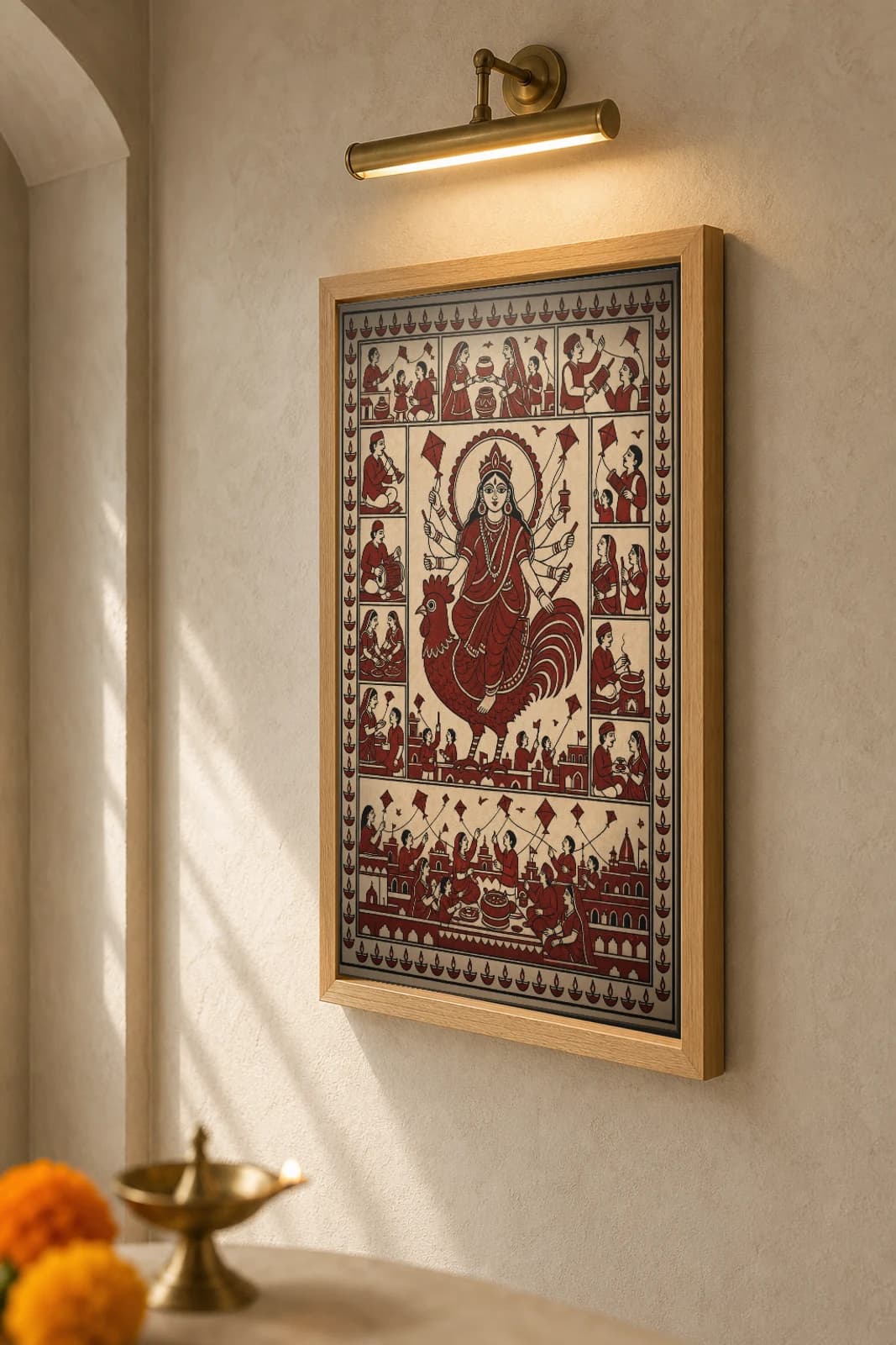 Uttarayan Kites — Mata ni Pachedi-style art print · the Makar Sankranti kite festival, the goddess holding kites among her hands above a crowded rooftop sky · madder-red, iron-black, warm cream cotton · collector edition — the framed print shown at a three-quarter angle on a styled gallery wall in a natural-oak frame