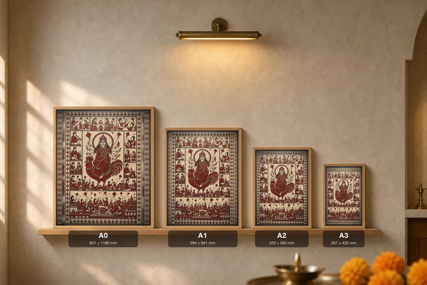 Uttarayan Kites — Mata ni Pachedi-style art print · the Makar Sankranti kite festival, the goddess holding kites among her hands above a crowded rooftop sky · madder-red, iron-black, warm cream cotton · collector edition — print size guide showing the artwork at A0, A1, A2 and A3 in natural-oak frames at true relative scale