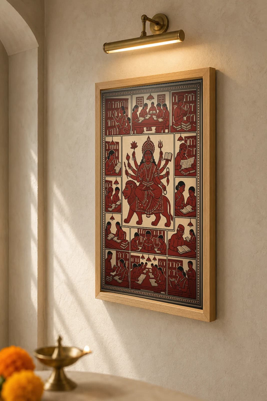 The Reading Room — Mata ni Pachedi-style art print · the community library, a book-and-lotus goddess presiding over readers at shared tables · madder-red, iron-black, warm cream cotton · collector edition — the framed print shown at a three-quarter angle on a styled gallery wall in a natural-oak frame
