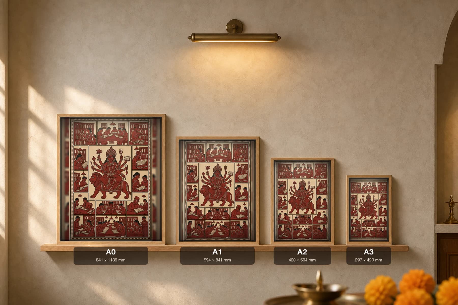 The Reading Room — Mata ni Pachedi-style art print · the community library, a book-and-lotus goddess presiding over readers at shared tables · madder-red, iron-black, warm cream cotton · collector edition — print size guide showing the artwork at A0, A1, A2 and A3 in natural-oak frames at true relative scale