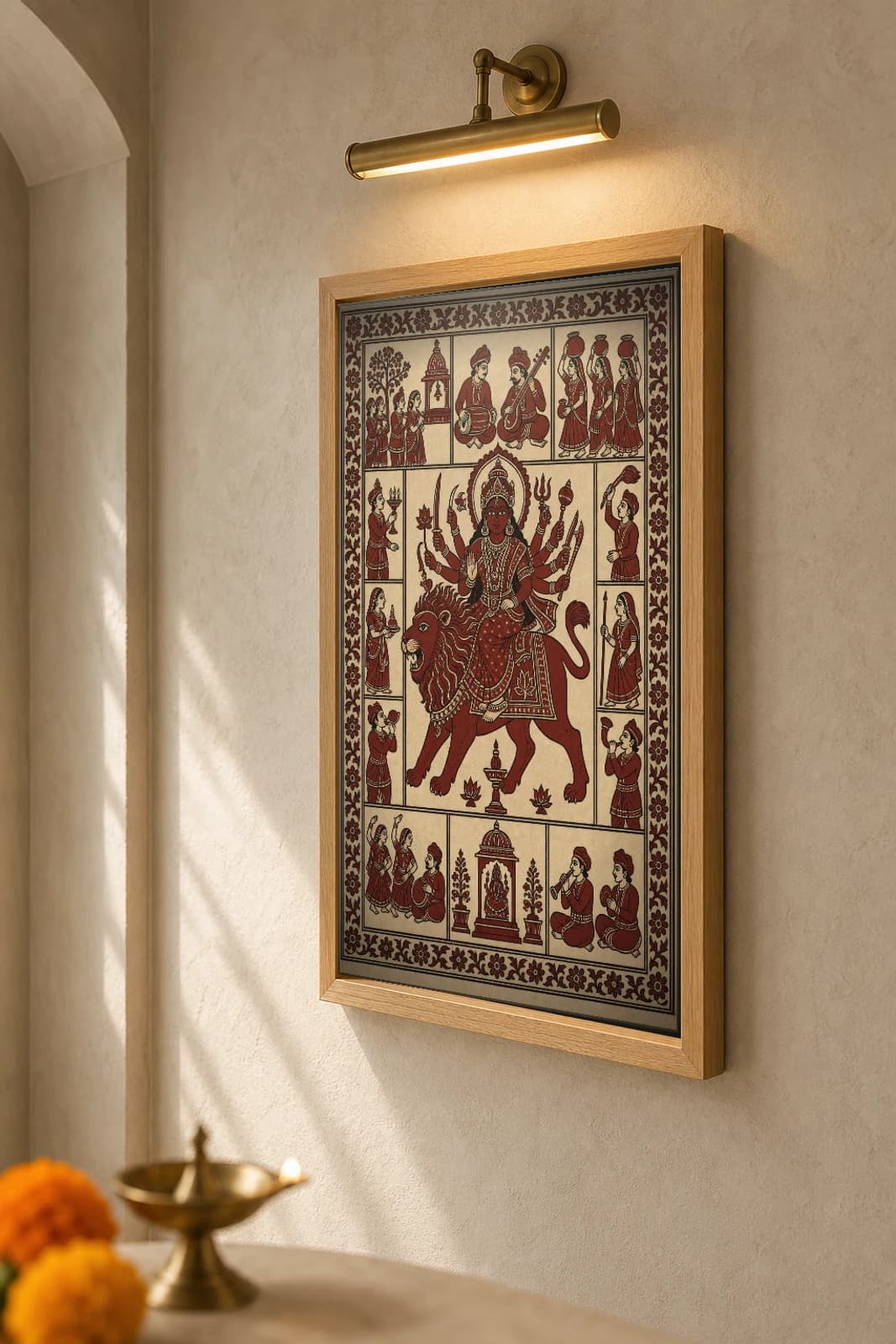 The Lion Vahana — Mata ni Pachedi shrine cloth · eight-armed Mother Goddess astride her striding lion, ringed by devotee and musician panels in madder red on cream cotton — the framed print shown at a three-quarter angle on a styled gallery wall in a natural-oak frame
