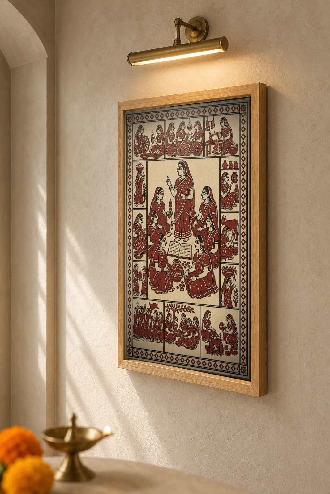 The Women's Collective — Mata ni Pachedi shrine cloth · a mahila mandal gathered around a teacher and an open book, ringed by panels of spinning, sewing and grinding women, in madder red on cream cotton — the framed print shown at a three-quarter angle on a styled gallery wall in a natural-oak frame