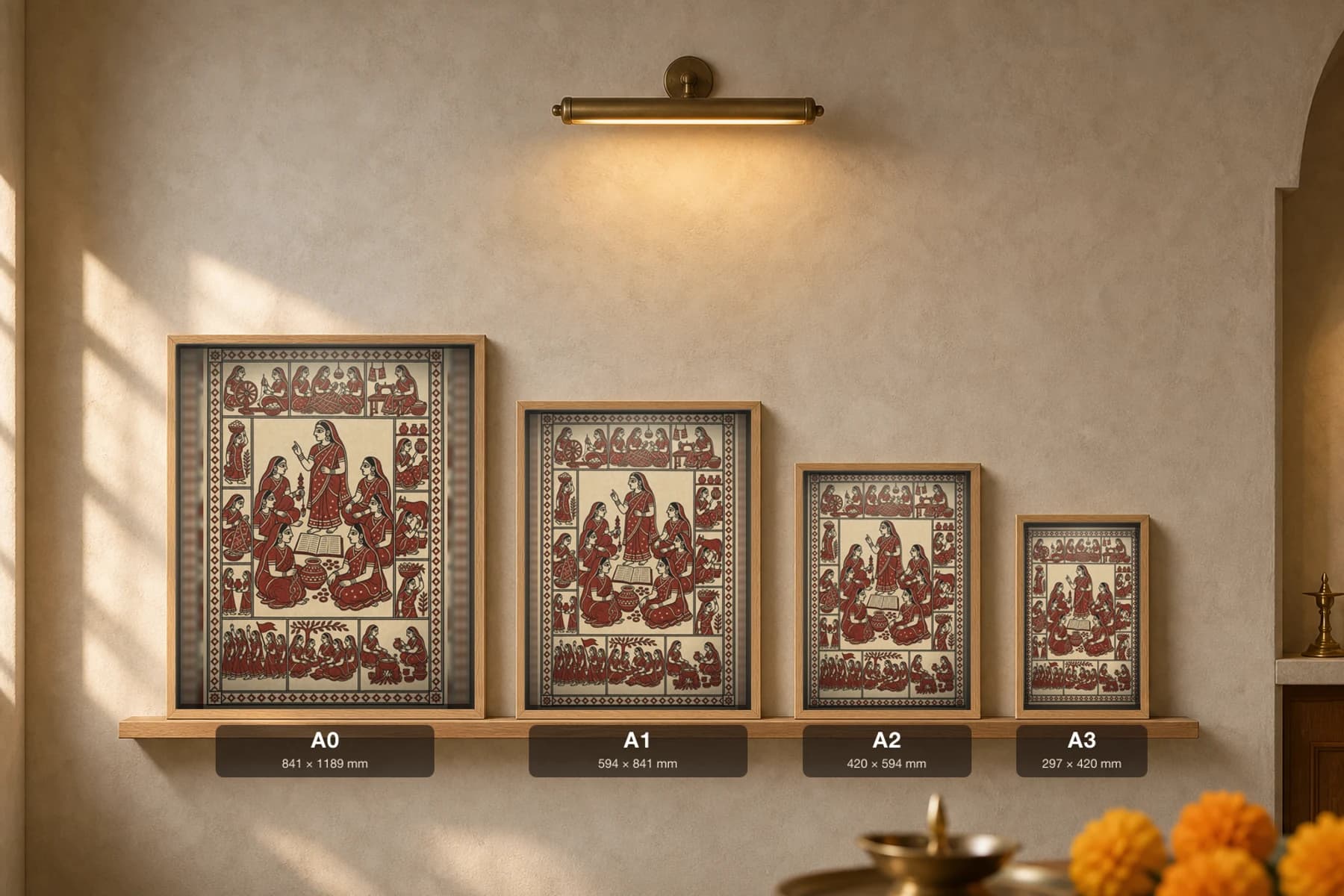 The Women's Collective — Mata ni Pachedi shrine cloth · a mahila mandal gathered around a teacher and an open book, ringed by panels of spinning, sewing and grinding women, in madder red on cream cotton — print size guide showing the artwork at A0, A1, A2 and A3 in natural-oak frames at true relative scale