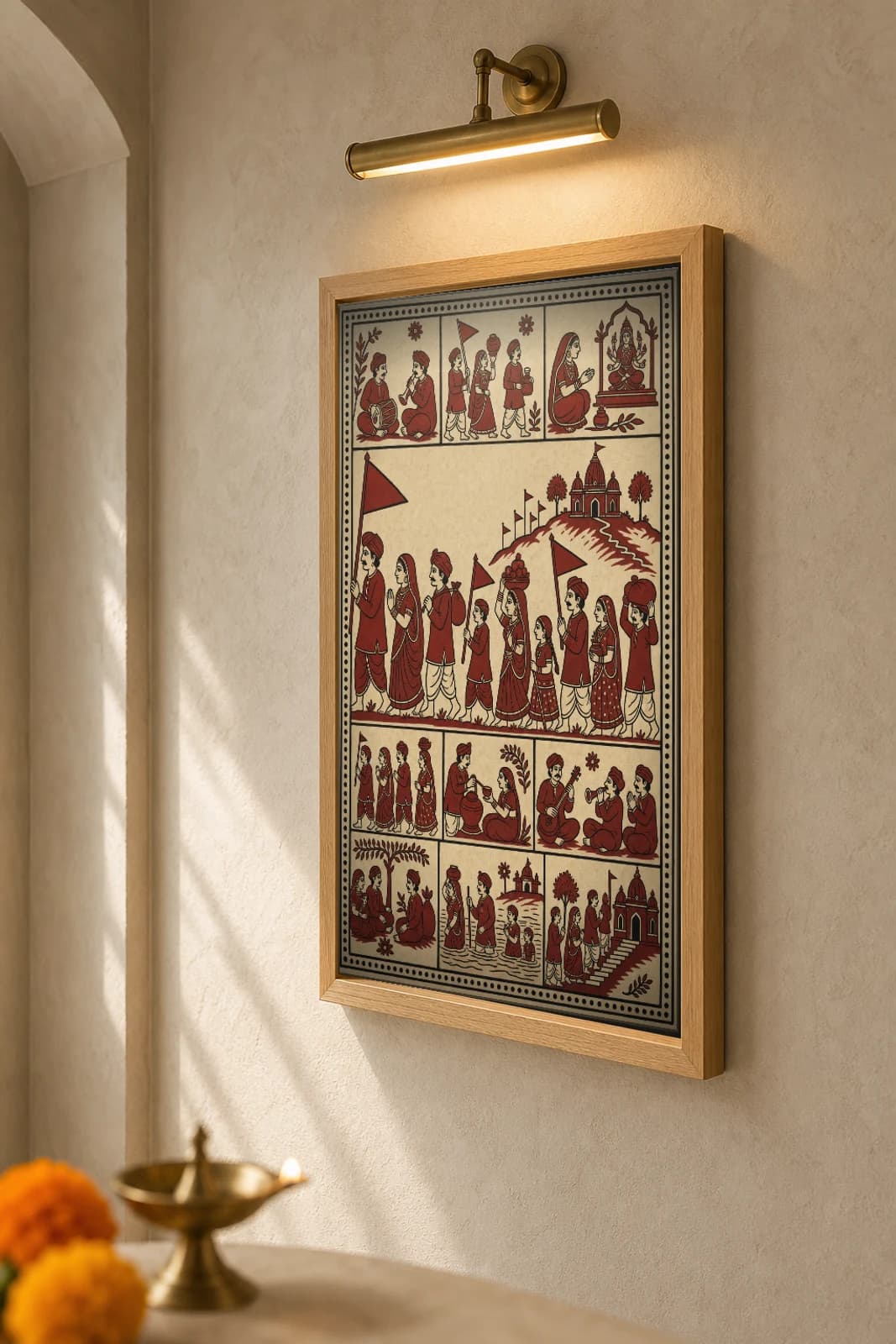 Pilgrim Walk to the Madh — Mata ni Pachedi shrine cloth · barefoot pilgrims carrying flags and kalash toward the Mother's hilltop temple, in madder red on cream cotton — the framed print shown at a three-quarter angle on a styled gallery wall in a natural-oak frame
