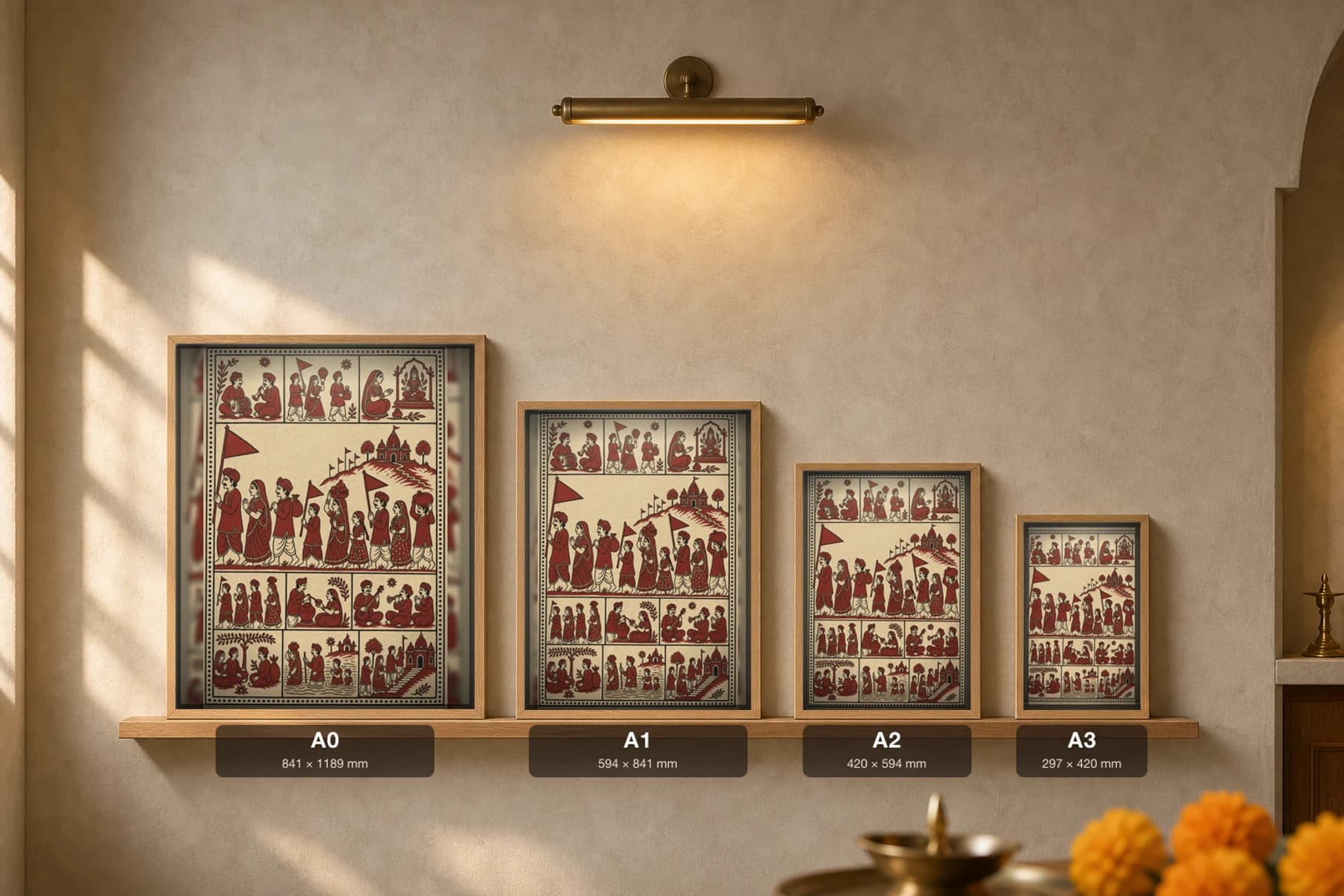 Pilgrim Walk to the Madh — Mata ni Pachedi shrine cloth · barefoot pilgrims carrying flags and kalash toward the Mother's hilltop temple, in madder red on cream cotton — print size guide showing the artwork at A0, A1, A2 and A3 in natural-oak frames at true relative scale