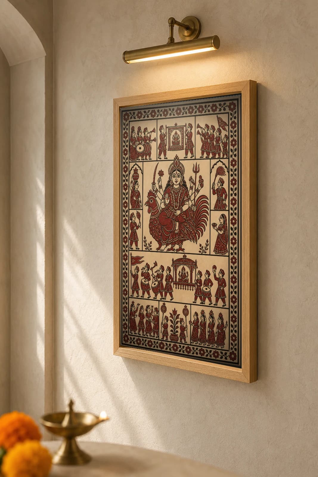 Nagada Procession — Mata ni Pachedi shrine cloth · the Goddess carried in a palanquin behind nagada drummers and trumpeters, the Mother on her cockerel above, in madder red on cream cotton — the framed print shown at a three-quarter angle on a styled gallery wall in a natural-oak frame