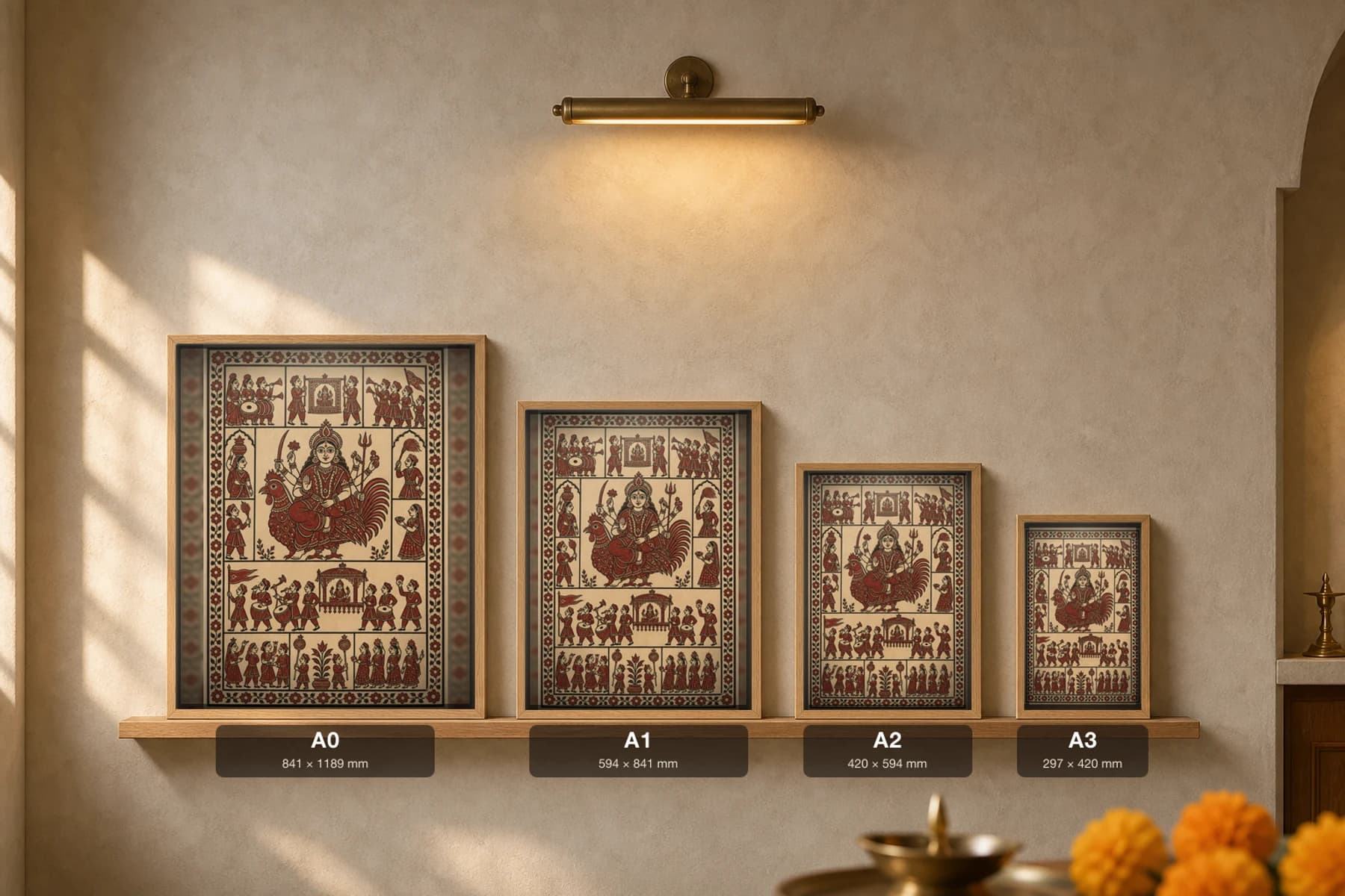 Nagada Procession — Mata ni Pachedi shrine cloth · the Goddess carried in a palanquin behind nagada drummers and trumpeters, the Mother on her cockerel above, in madder red on cream cotton — print size guide showing the artwork at A0, A1, A2 and A3 in natural-oak frames at true relative scale