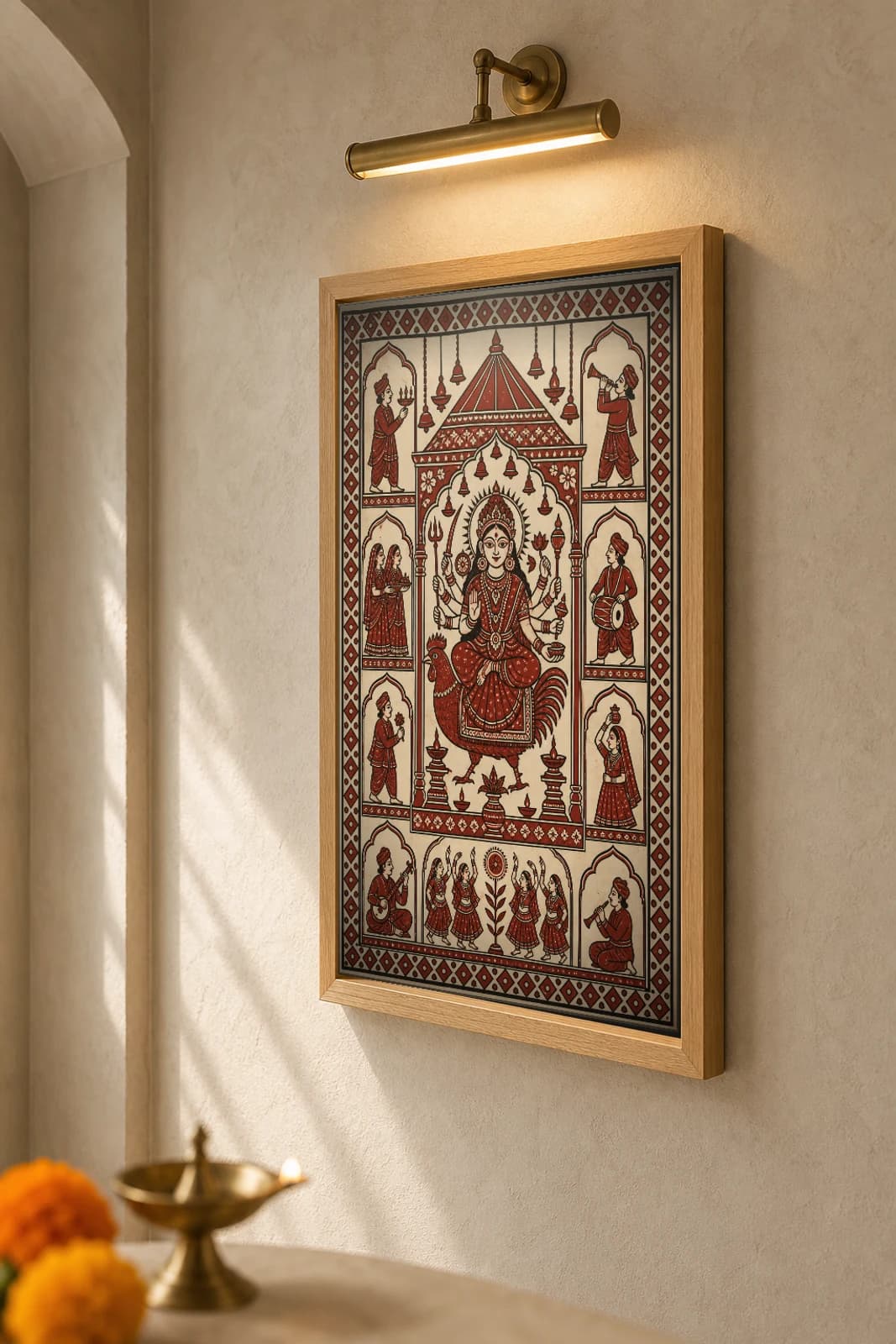 Navaratri Shrine Canopy — Mata ni Pachedi shrine cloth · the Mother Goddess on her cockerel beneath a bell-hung temple canopy, ringed by arched devotee panels and a Navaratri garba band in madder red on cream cotton — the framed print shown at a three-quarter angle on a styled gallery wall in a natural-oak frame