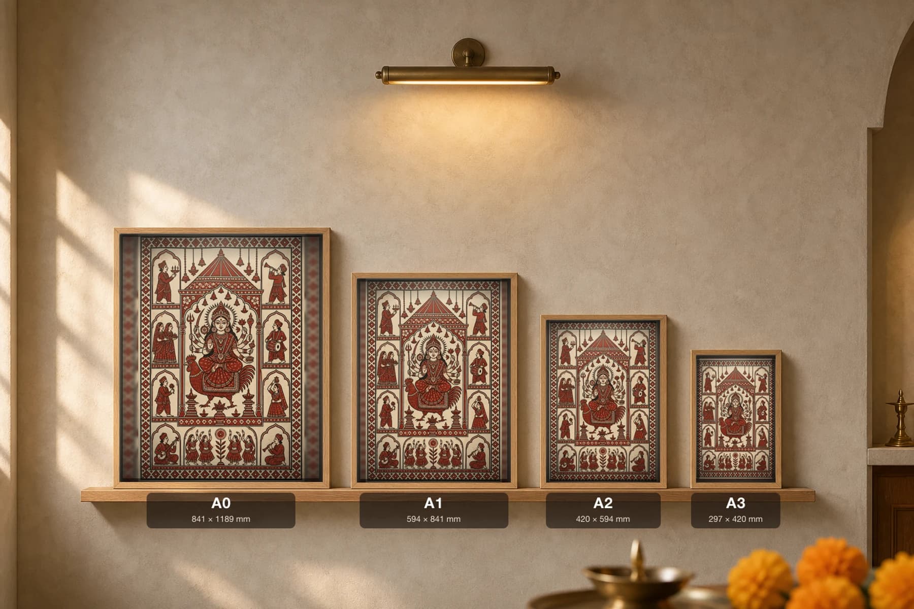 Navaratri Shrine Canopy — Mata ni Pachedi shrine cloth · the Mother Goddess on her cockerel beneath a bell-hung temple canopy, ringed by arched devotee panels and a Navaratri garba band in madder red on cream cotton — print size guide showing the artwork at A0, A1, A2 and A3 in natural-oak frames at true relative scale