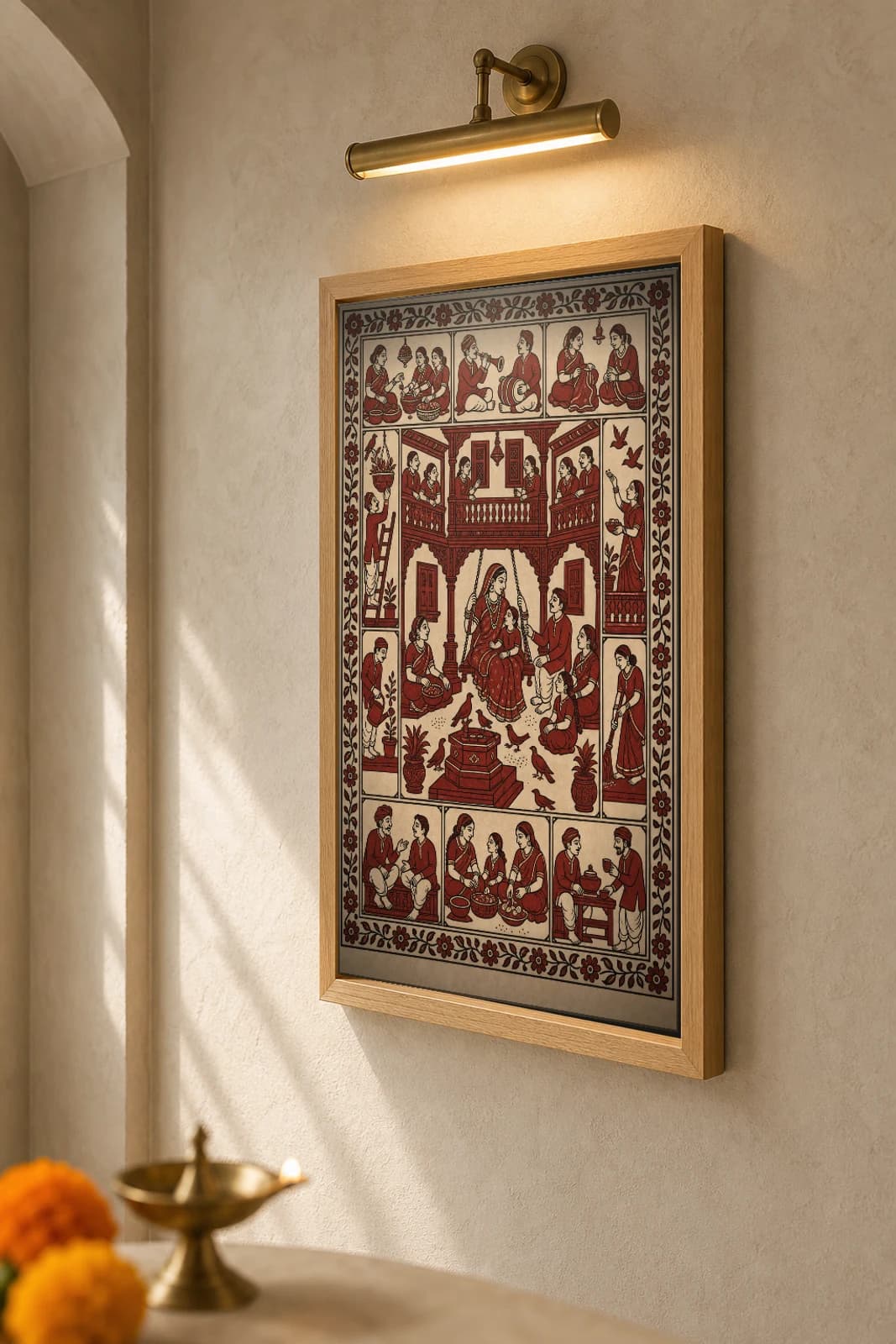The Pol Courtyard — Mata ni Pachedi shrine cloth · an old Ahmedabad pol house with a carved balcony, a courtyard swing, a bird-feeder well and family at work, in madder red on cream cotton — the framed print shown at a three-quarter angle on a styled gallery wall in a natural-oak frame