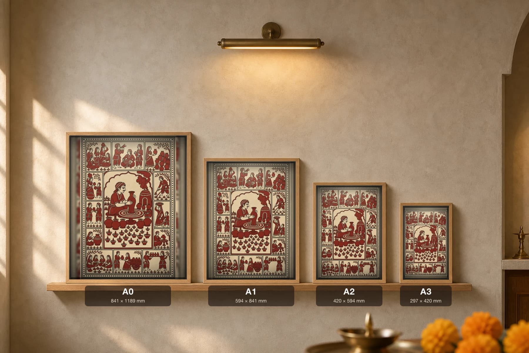 The Potter — Mata ni Pachedi shrine cloth · a village potter at his wheel beneath an arch with his kiln, rows of fresh pots and diyas below, in madder red on cream cotton — print size guide showing the artwork at A0, A1, A2 and A3 in natural-oak frames at true relative scale