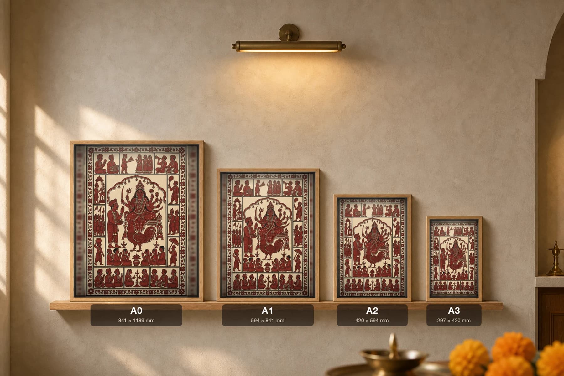 The Priest's Blessing — Mata ni Pachedi shrine cloth · the bhuvo blesses a kneeling devotee before the Mother Goddess on her cockerel, ringed by narrative panels in madder red on cream cotton — print size guide showing the artwork at A0, A1, A2 and A3 in natural-oak frames at true relative scale