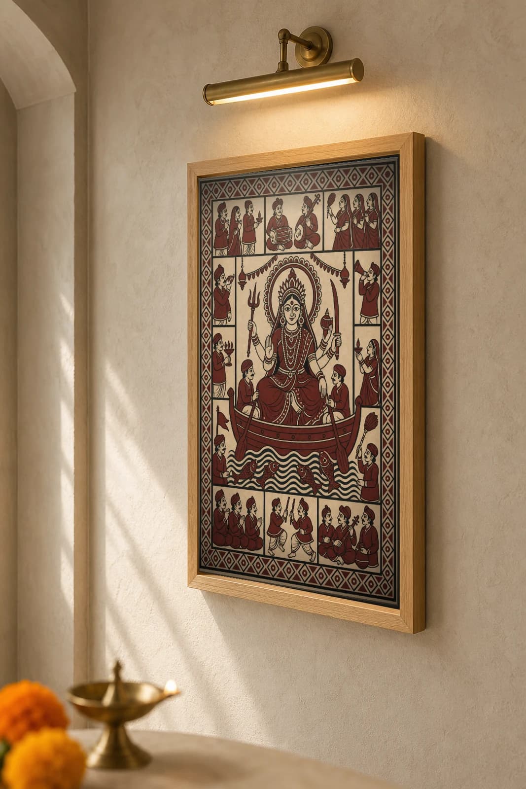 Shikotar Mata — Mata ni Pachedi shrine cloth · the boat goddess seated in a vessel over fish and waves, oarsmen at the prow, ringed by devotee panels in madder red on cream cotton — the framed print shown at a three-quarter angle on a styled gallery wall in a natural-oak frame