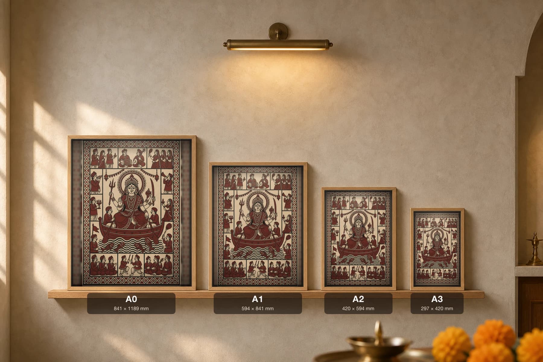 Shikotar Mata — Mata ni Pachedi shrine cloth · the boat goddess seated in a vessel over fish and waves, oarsmen at the prow, ringed by devotee panels in madder red on cream cotton — print size guide showing the artwork at A0, A1, A2 and A3 in natural-oak frames at true relative scale