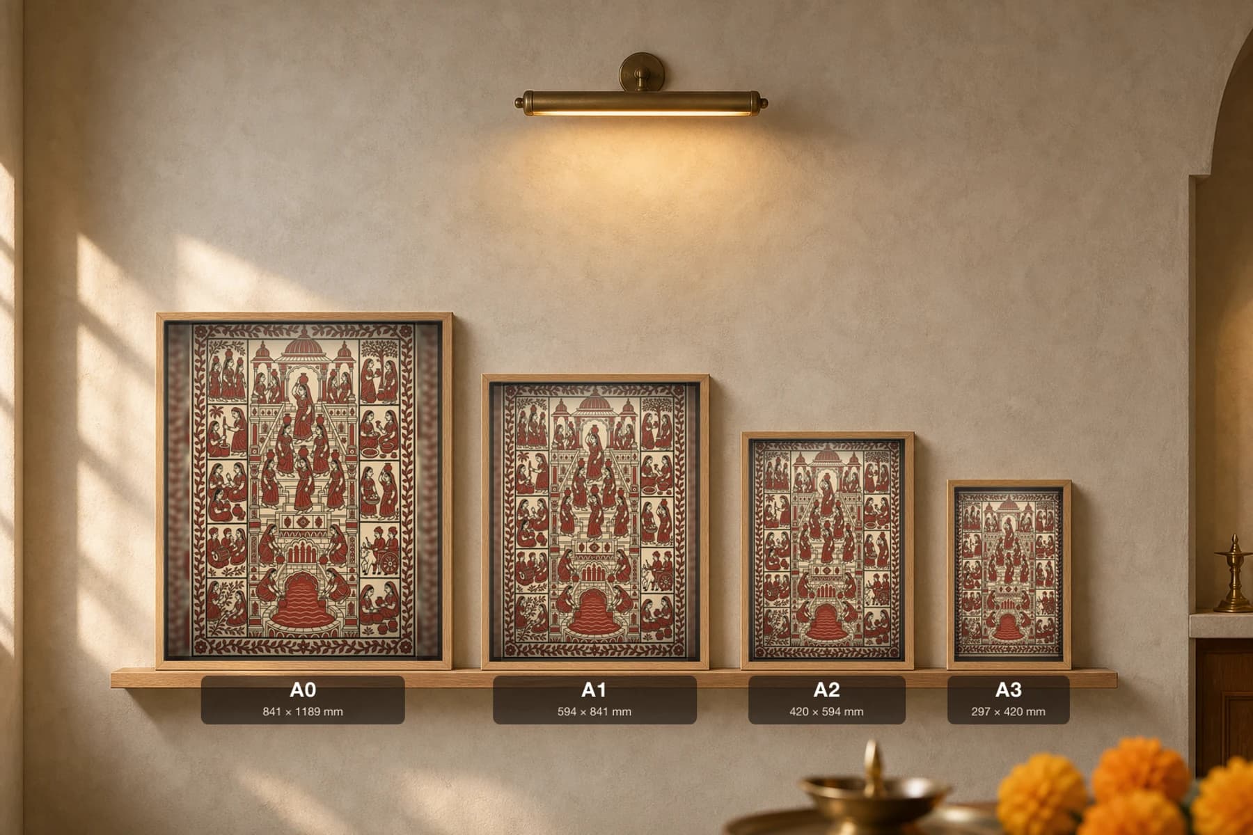 The Stepwell — Mata ni Pachedi shrine cloth · women descending the tiered steps of a Gujarati vav to the water below, pots balanced, in madder red on cream cotton — print size guide showing the artwork at A0, A1, A2 and A3 in natural-oak frames at true relative scale