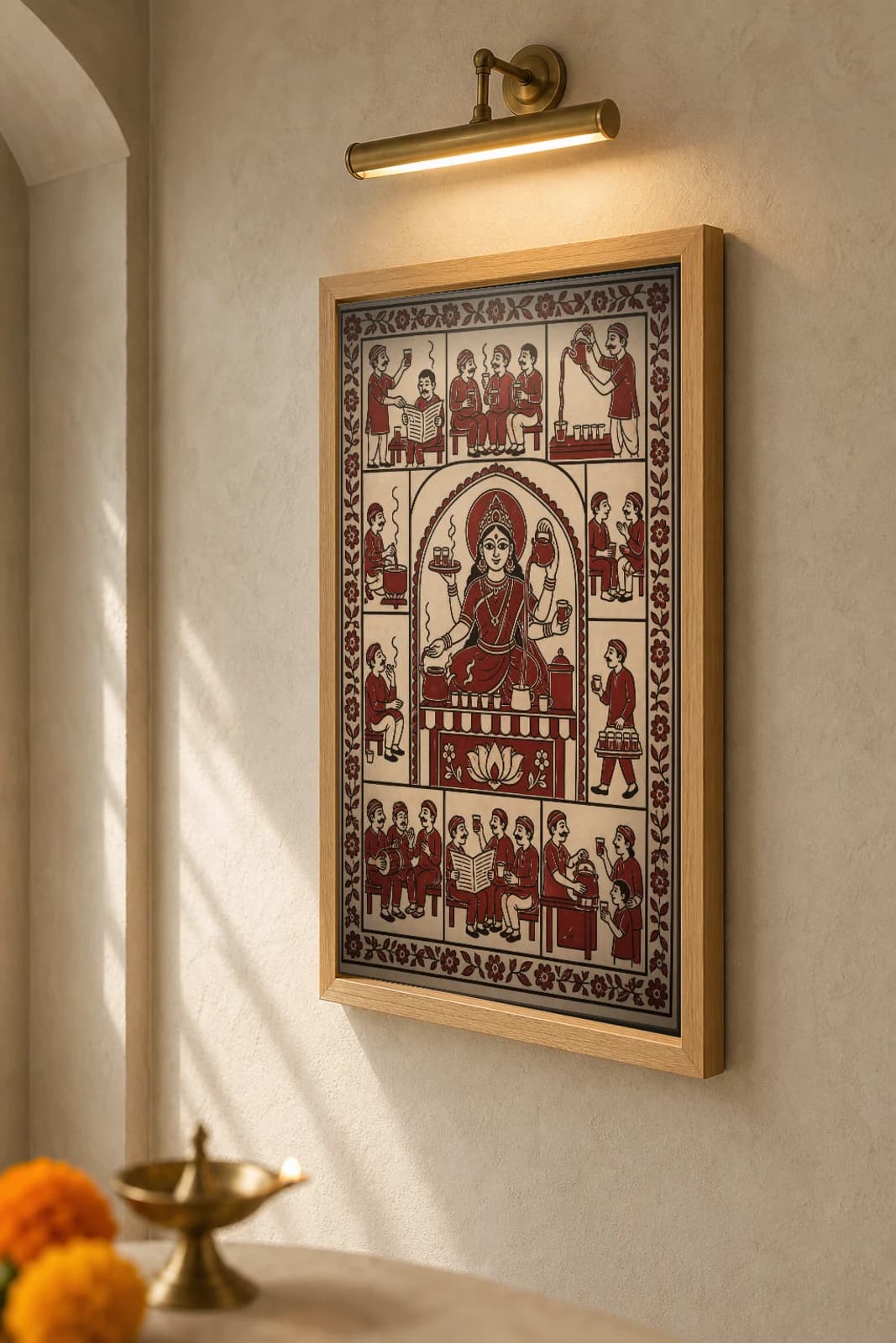 The Chai Tapri — Mata ni Pachedi shrine cloth · a many-armed goddess of the tea stall pouring chai over rows of glasses and kettles, regulars on the benches, in madder red on cream cotton — the framed print shown at a three-quarter angle on a styled gallery wall in a natural-oak frame
