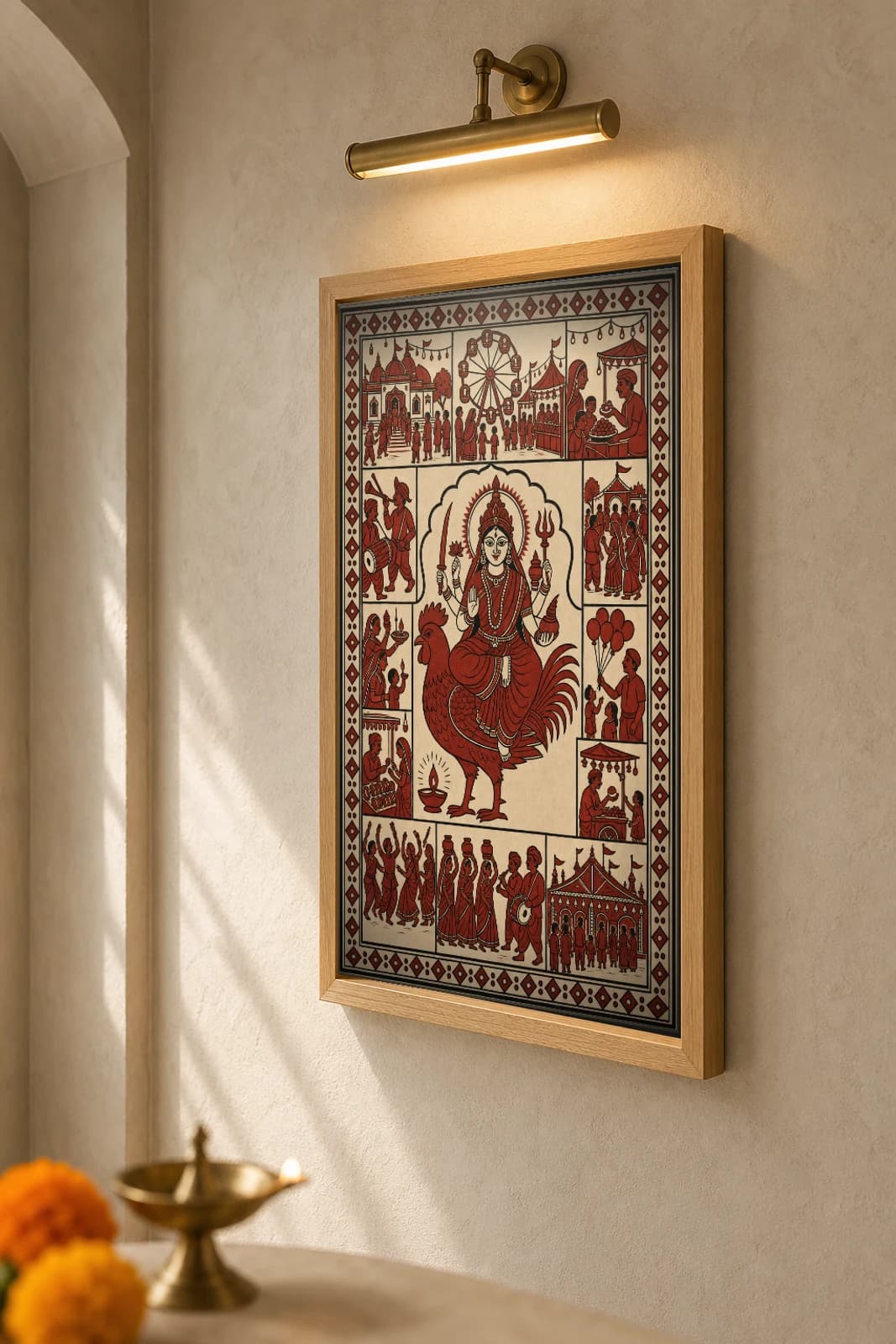 The Temple Fair — Mata ni Pachedi shrine cloth · the Mother Goddess on her cockerel above a mela night of the giant wheel, stalls and dancers, in madder red on cream cotton — the framed print shown at a three-quarter angle on a styled gallery wall in a natural-oak frame