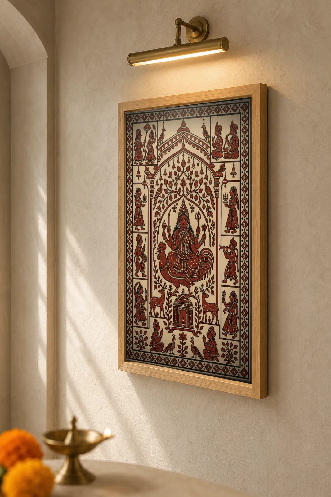 Tree of Life Shrine — Mata ni Pachedi shrine cloth · the Mother Goddess on her cockerel beneath a bird-filled tree of life, deer at her feet and a small shrine below, in madder red on cream cotton — the framed print shown at a three-quarter angle on a styled gallery wall in a natural-oak frame