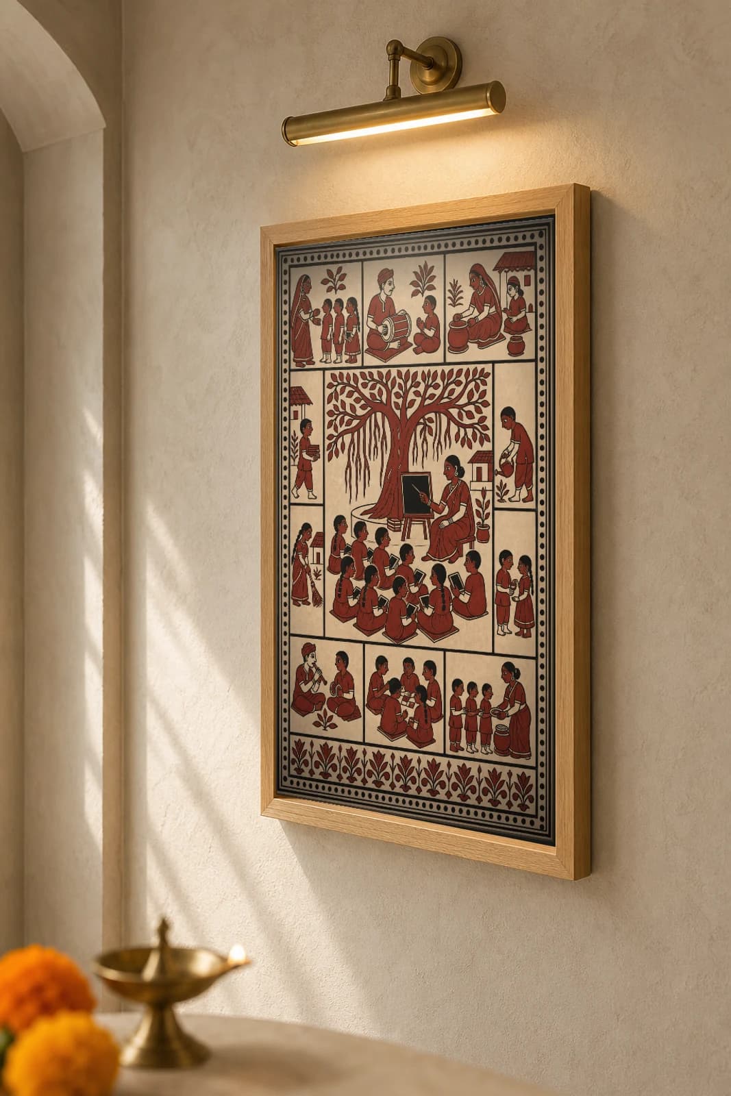 The Village School — Mata ni Pachedi shrine cloth · an open-air class under the banyan, the teacher at her blackboard and children with slates, in madder red on cream cotton — the framed print shown at a three-quarter angle on a styled gallery wall in a natural-oak frame